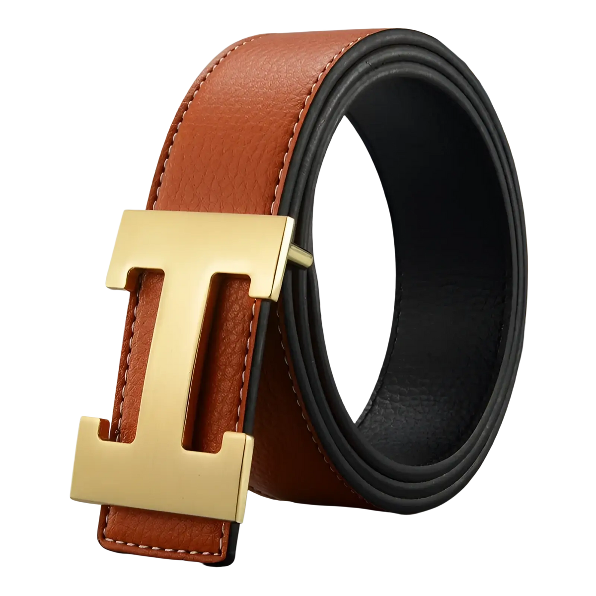 Men’s brown leather belt with a gold-tone h-shaped buckle for stylish and durable wear