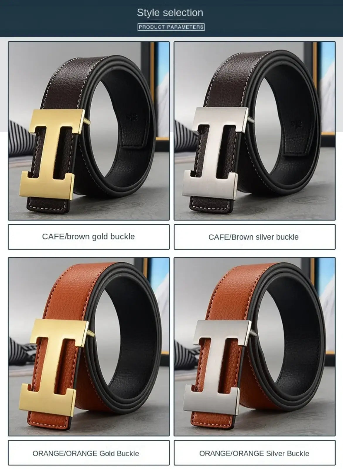 Men’s brown leather belt with a distinctive h-shaped buckle in gold or silver finish for formal wear