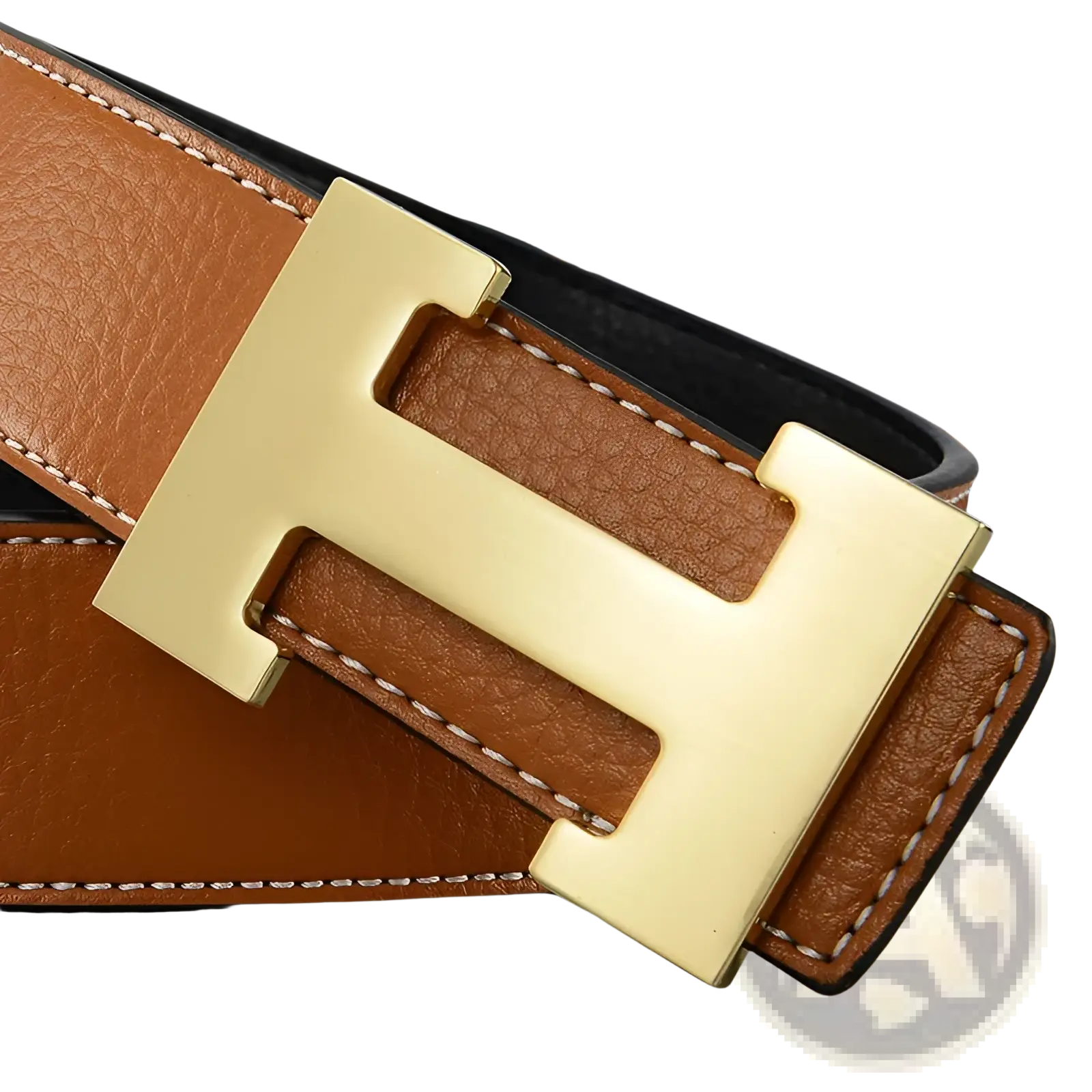 Men’s brown leather h buckle belt with gold-tone h-shaped buckle and contrasting white stitching