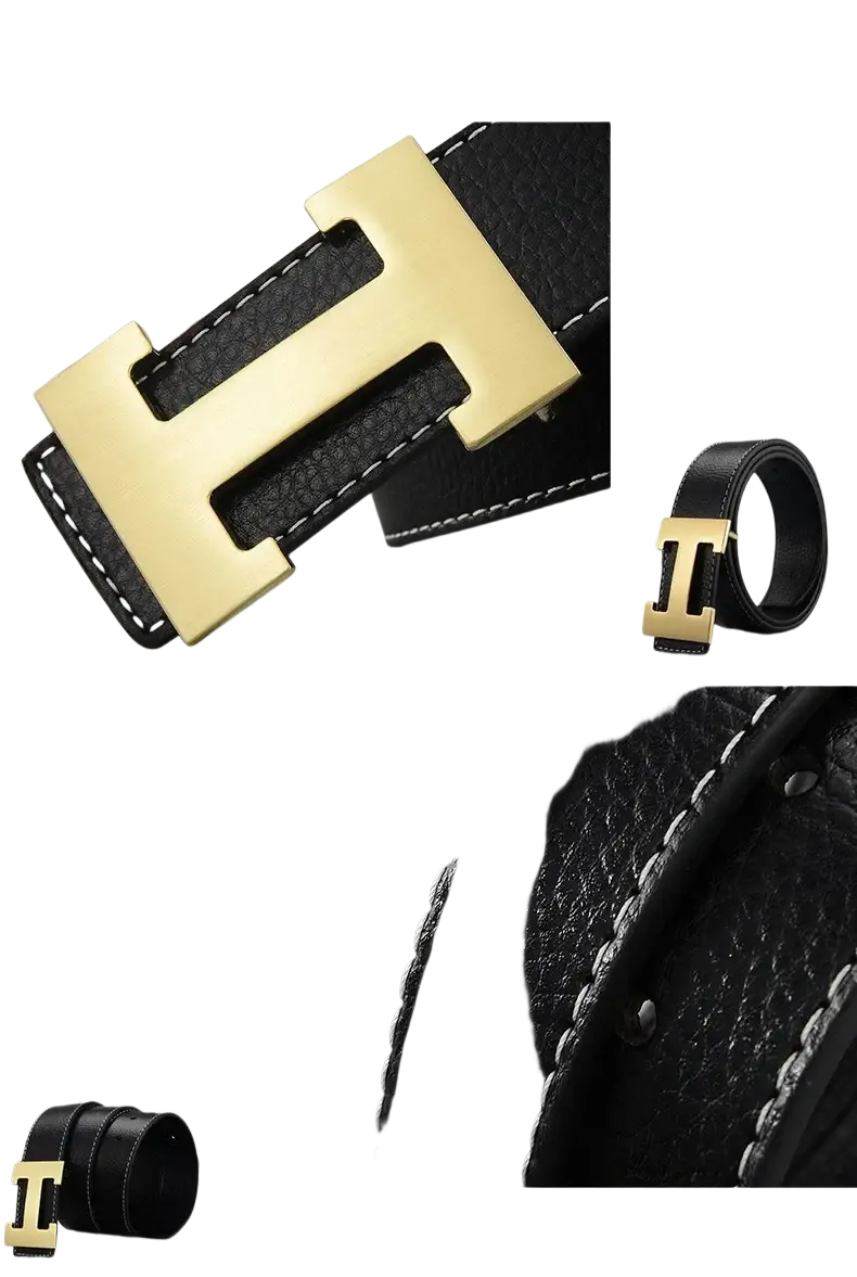 Men’s leather h buckle belt with gold-tone h shaped alloy buckle on black cowhide leather and white stitching