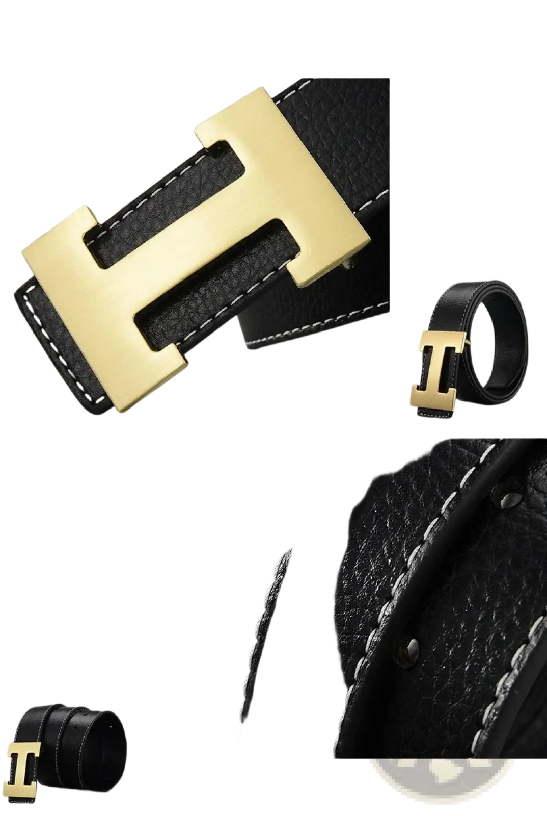 Men’s leather h buckle belt with gold-tone h shaped alloy buckle on black cowhide leather and white stitching