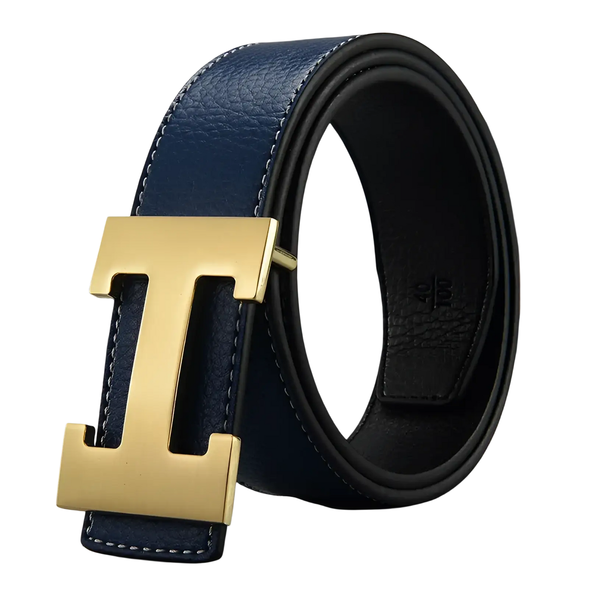 Navy blue leather men’s belt with gold-tone h buckle designed for stylish and formal use