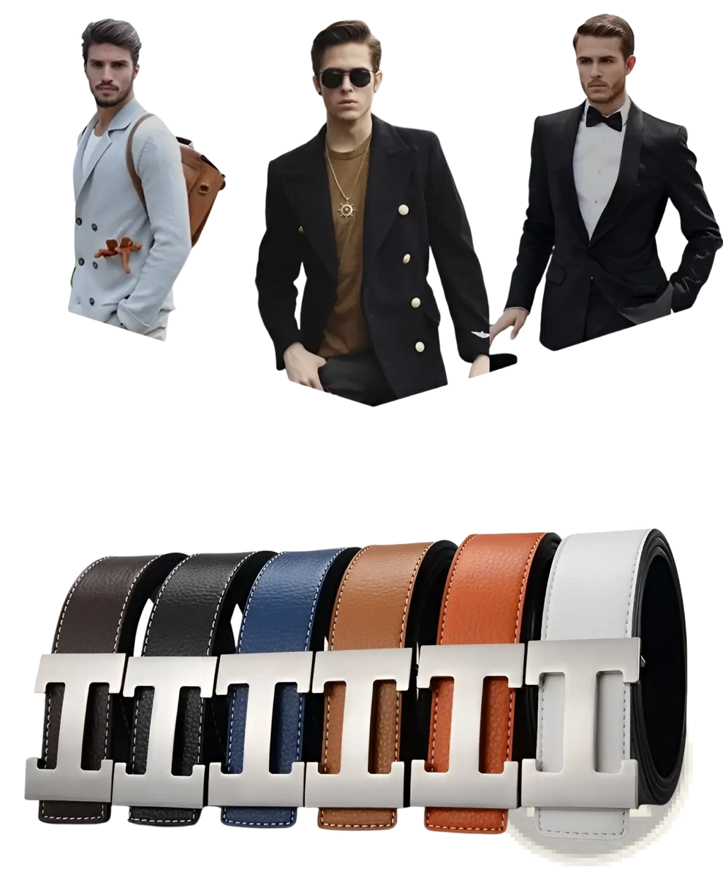 Men’s leather h buckle belt with a sleek silver h-shaped buckle available in black blue brown and white leather