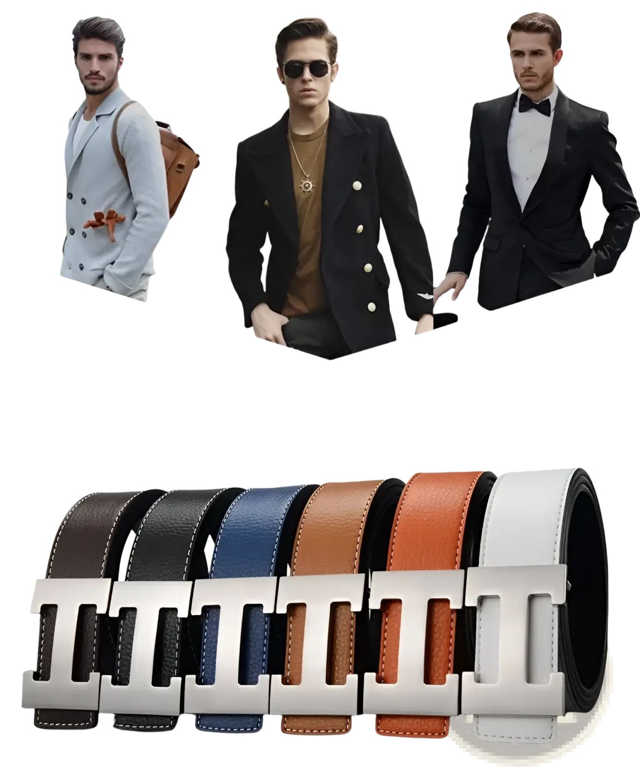 Men’s leather h buckle belt with a sleek silver h-shaped buckle available in black blue brown and white leather