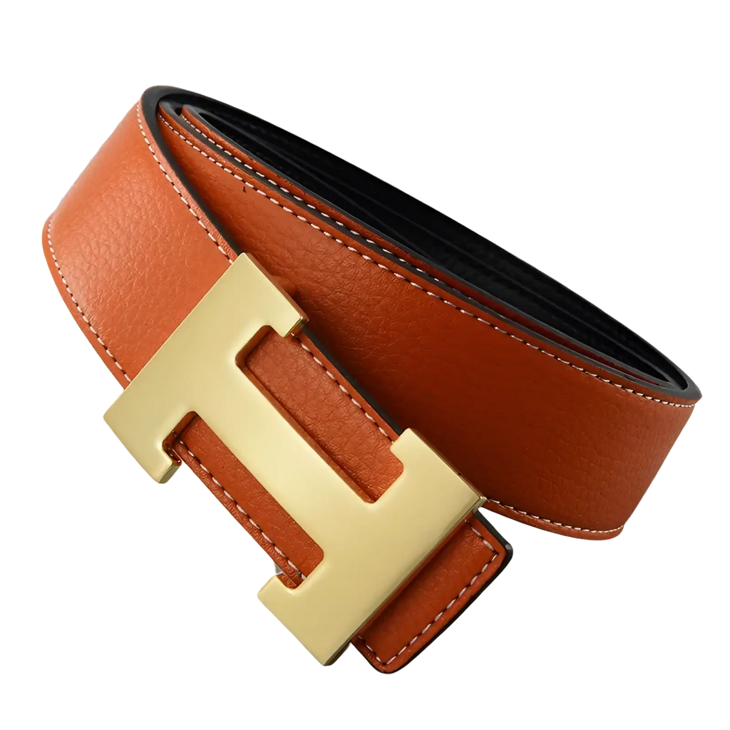 Tan leather men’s belt featuring a gold-tone h-shaped buckle suitable for formal and casual wear