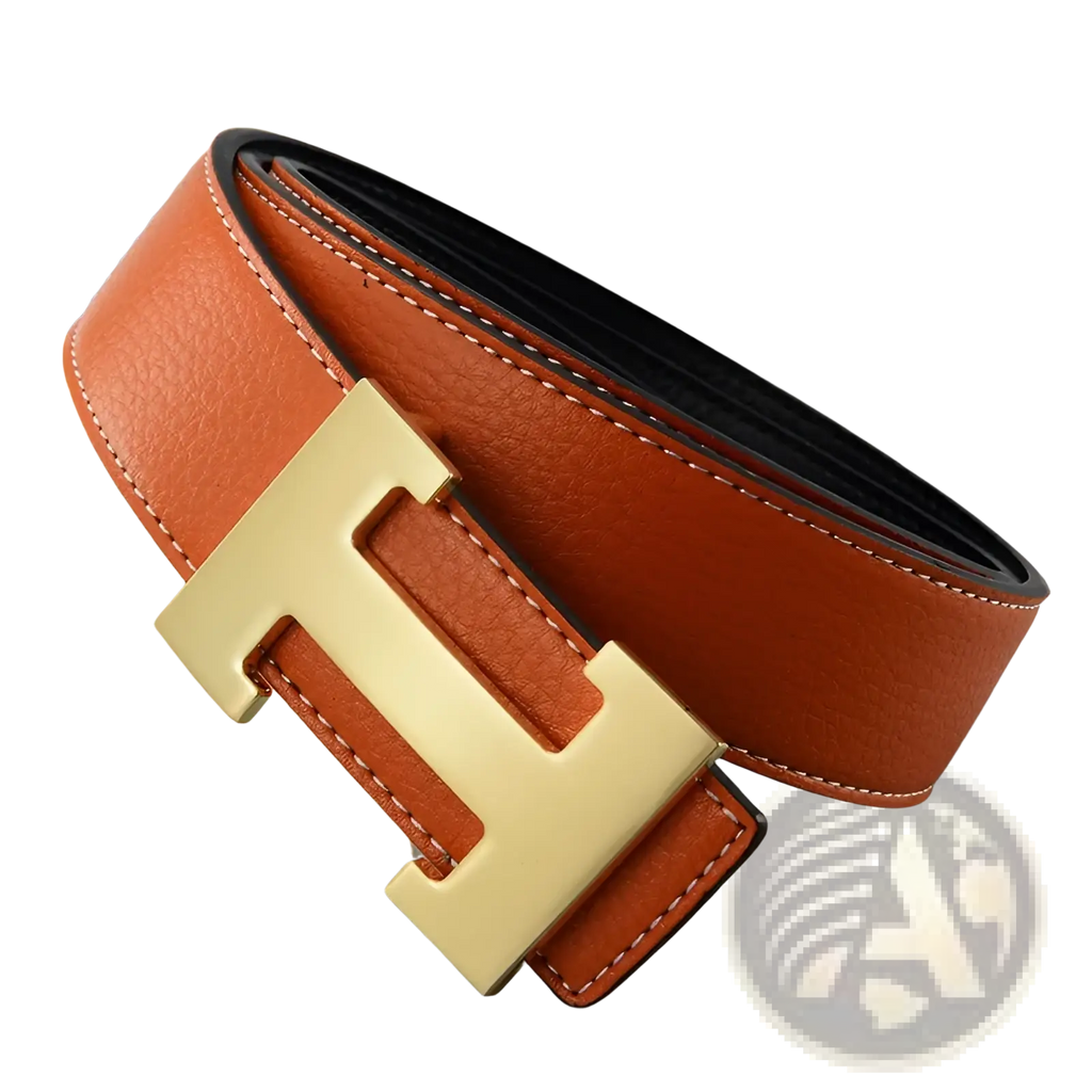 Tan leather men’s belt featuring a gold-tone h-shaped buckle suitable for formal and casual wear