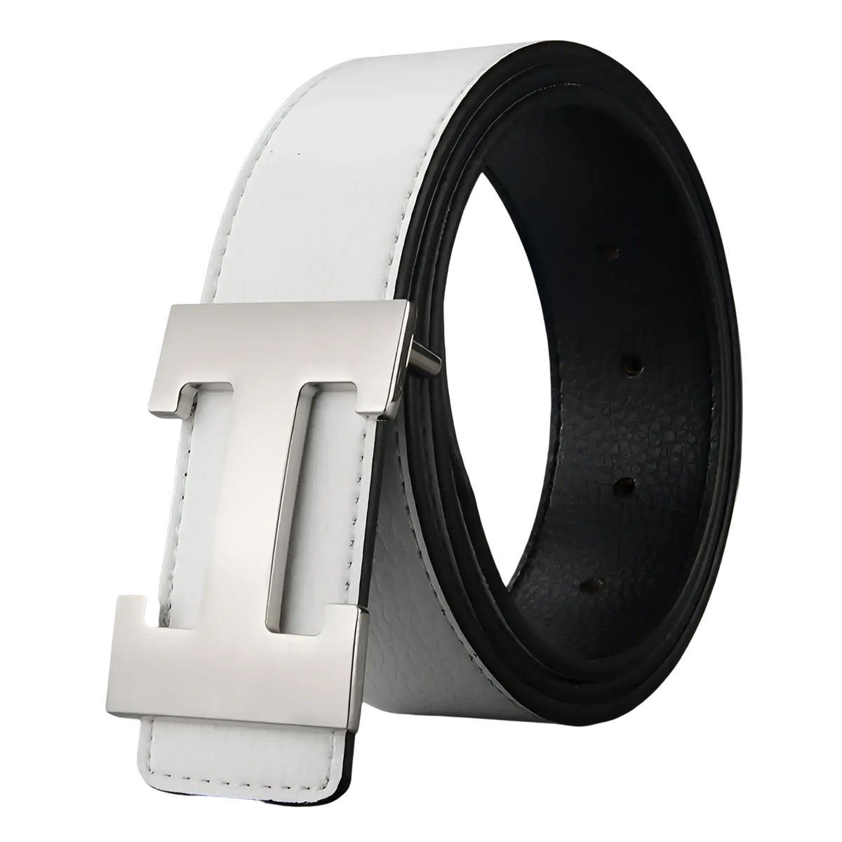 Men’s white leather belt with a sleek silver h-shaped buckle for stylish and formal wear