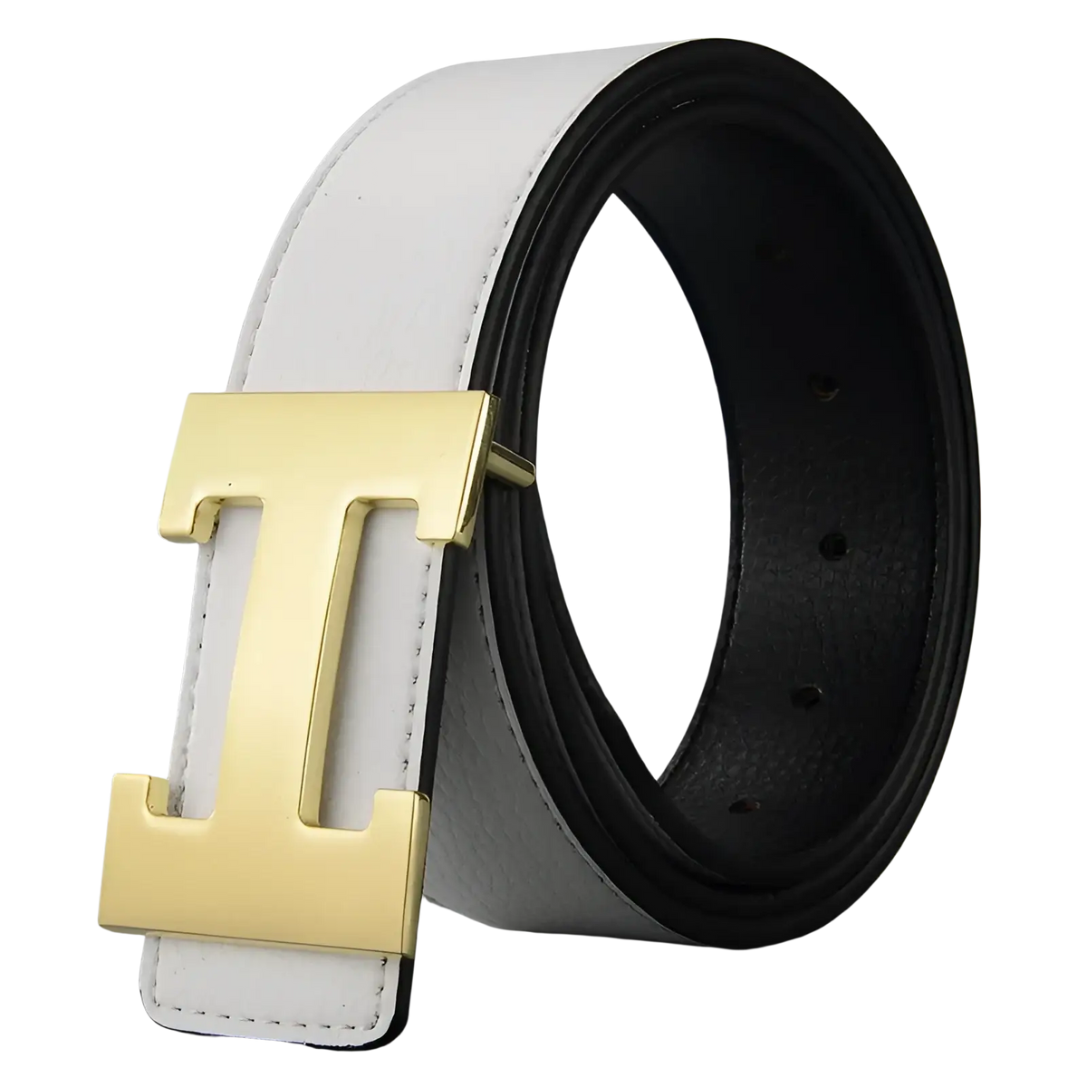 Men’s white leather belt with gold-tone h buckle suitable for formal and casual wear
