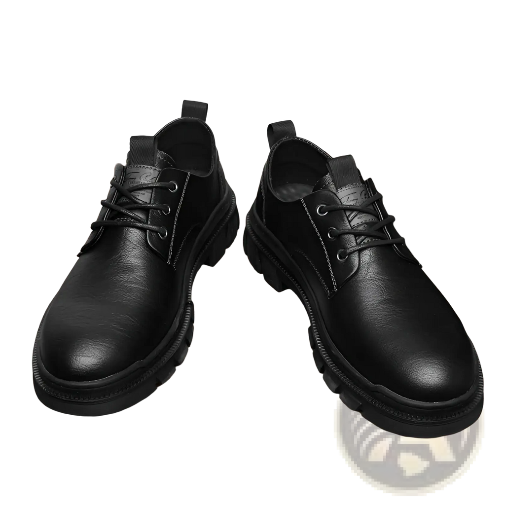 Black leather lace-up men’s height increasing shoes with 6cm insoles and thick rugged textured soles