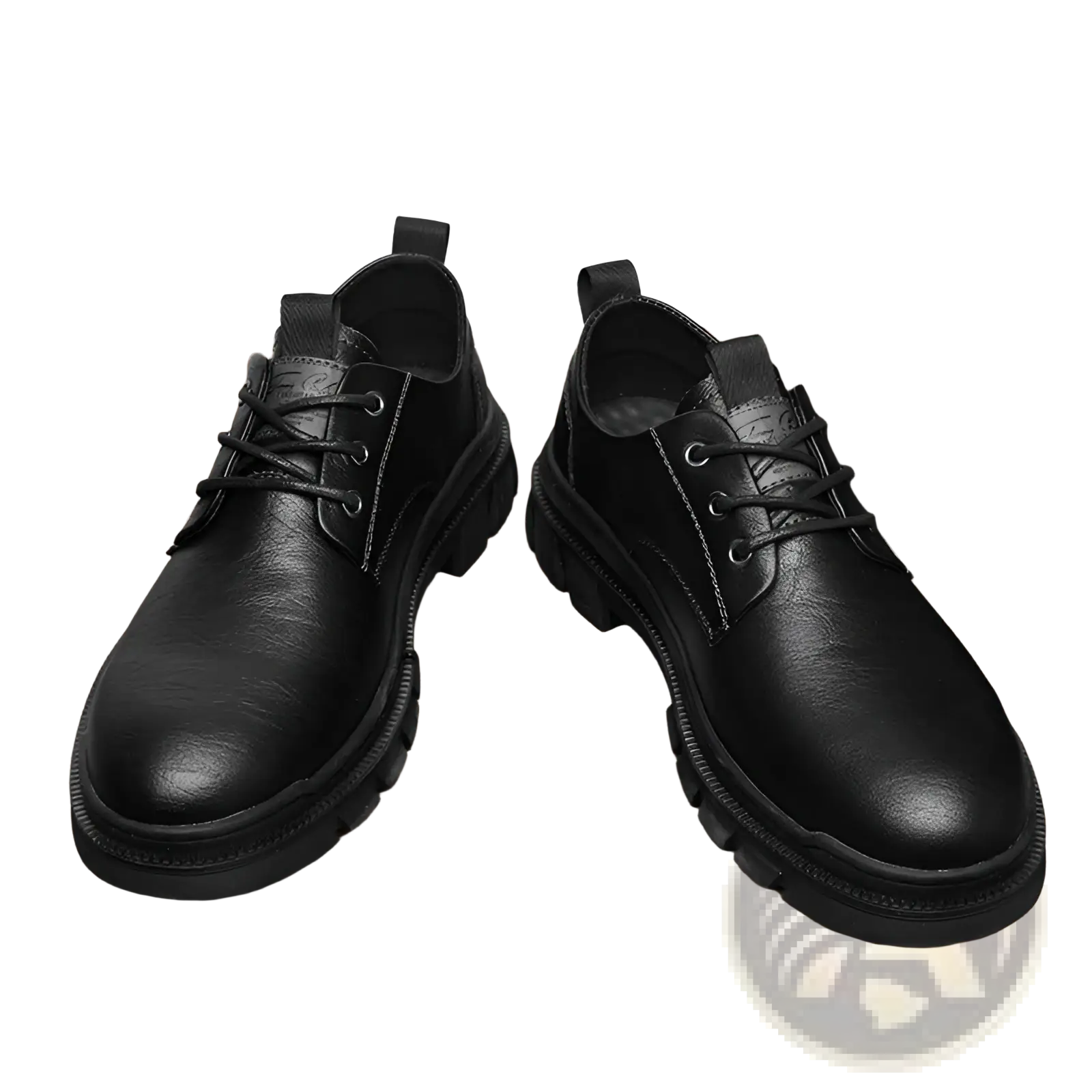 Black leather lace-up men’s height increasing shoes with 6cm insoles and thick rugged textured soles