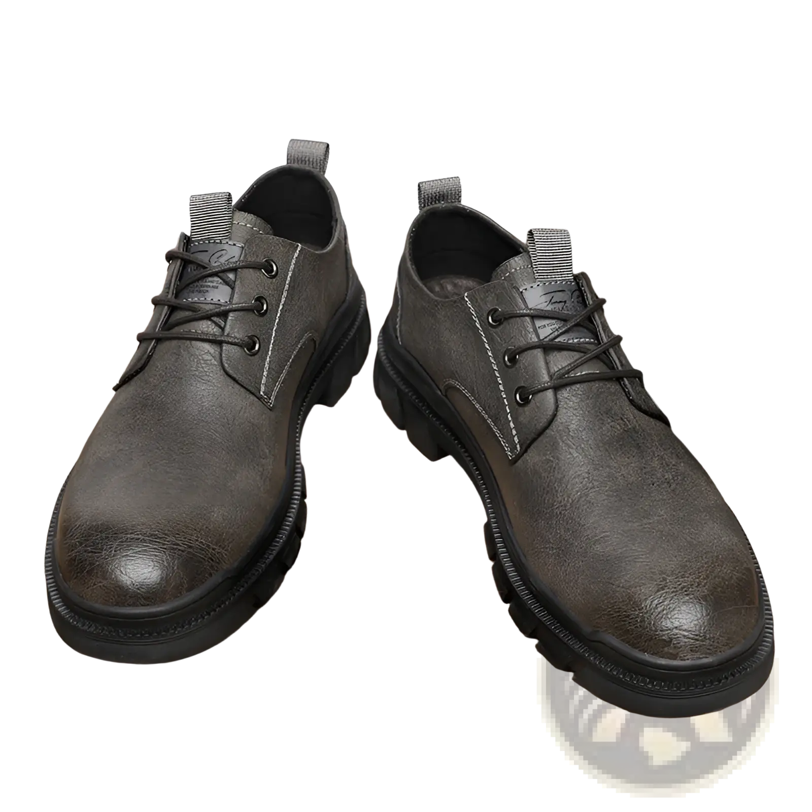 Men’s dark gray suede lace-up height increasing shoes with black laces and rugged rubber sole featuring 6cm insole