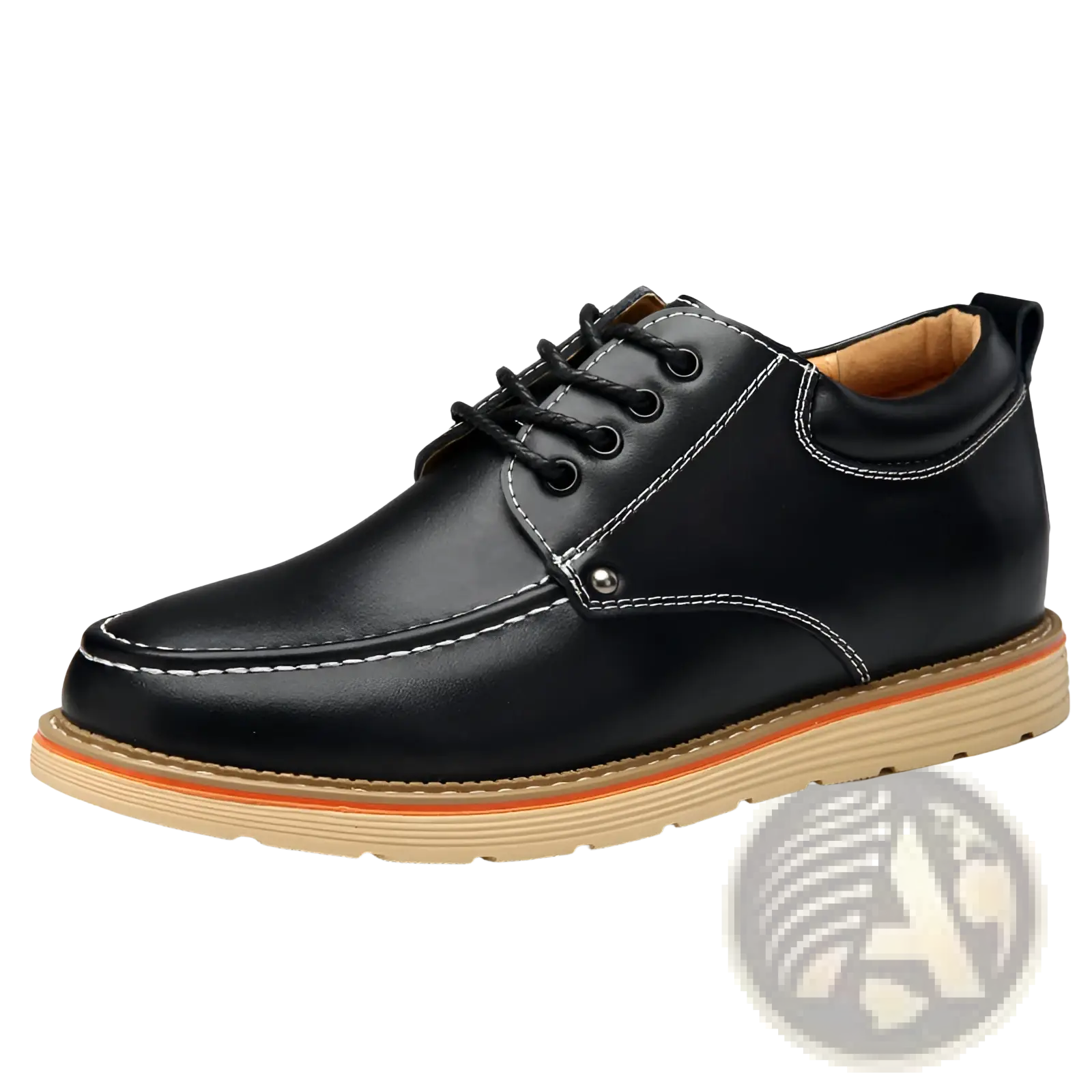 Men’s black leather height increasing shoe with white stitching and tan sole accented by an orange stripe