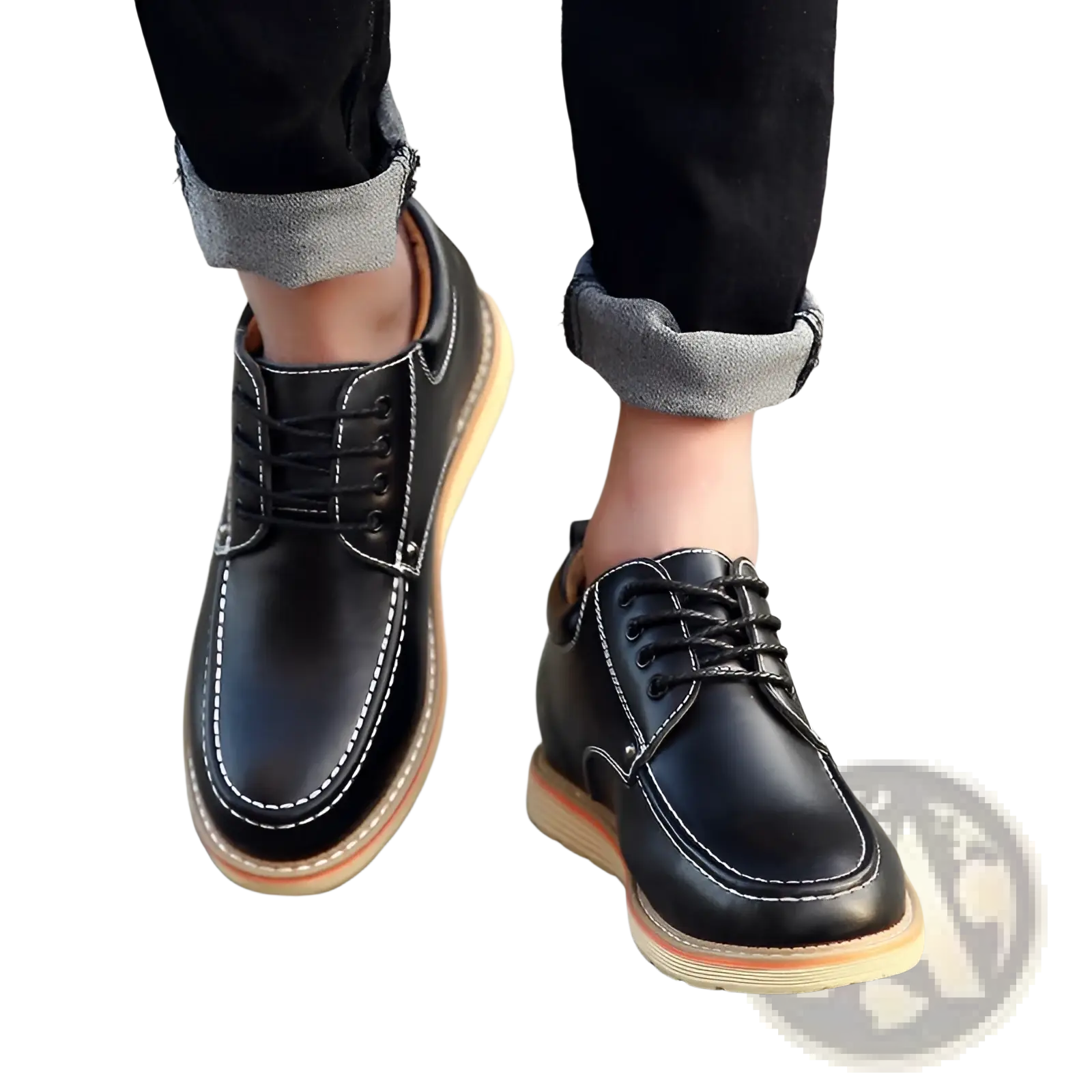 Men’s black leather height increasing lace-up shoes with white stitching and light tan sole featuring 6cm insole