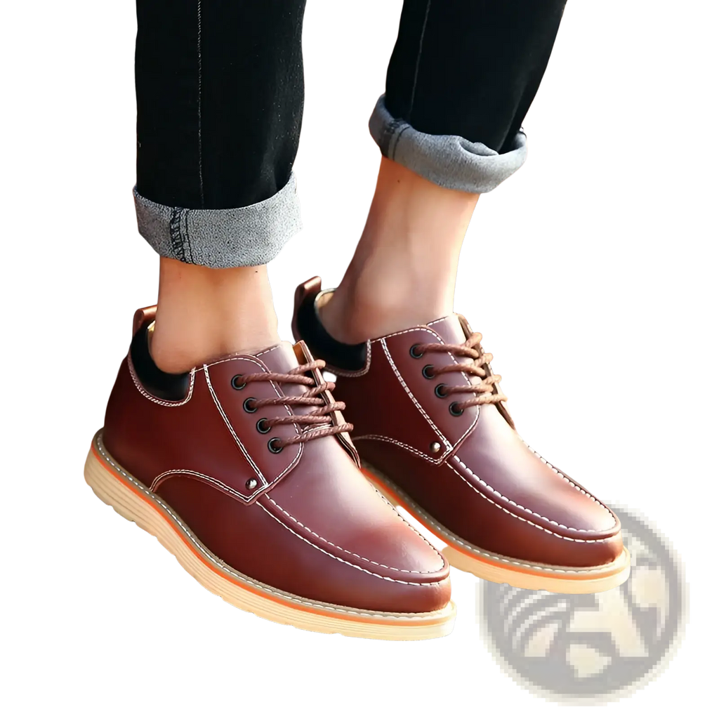 Men’s brown leather height increasing shoes with 6cm insole, lace-up design, tan rubber sole, and contrasting stitching