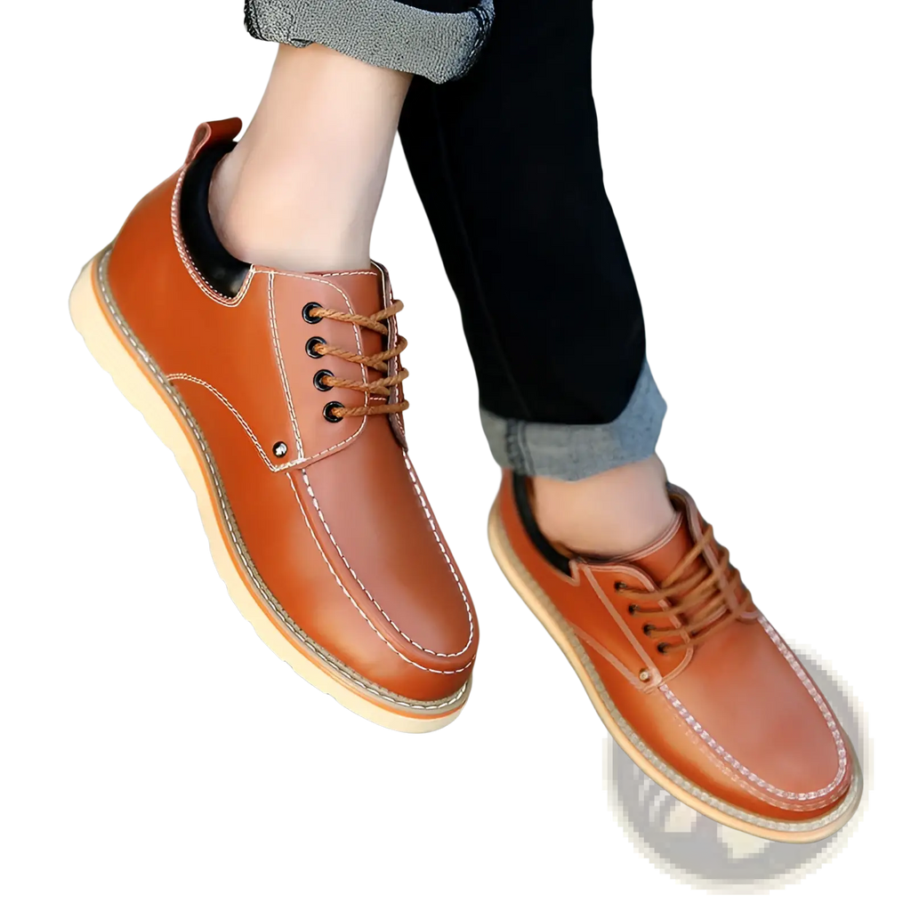 Men’s brown leather height increasing lace-up shoes with tan laces and white stitching 6cm insole