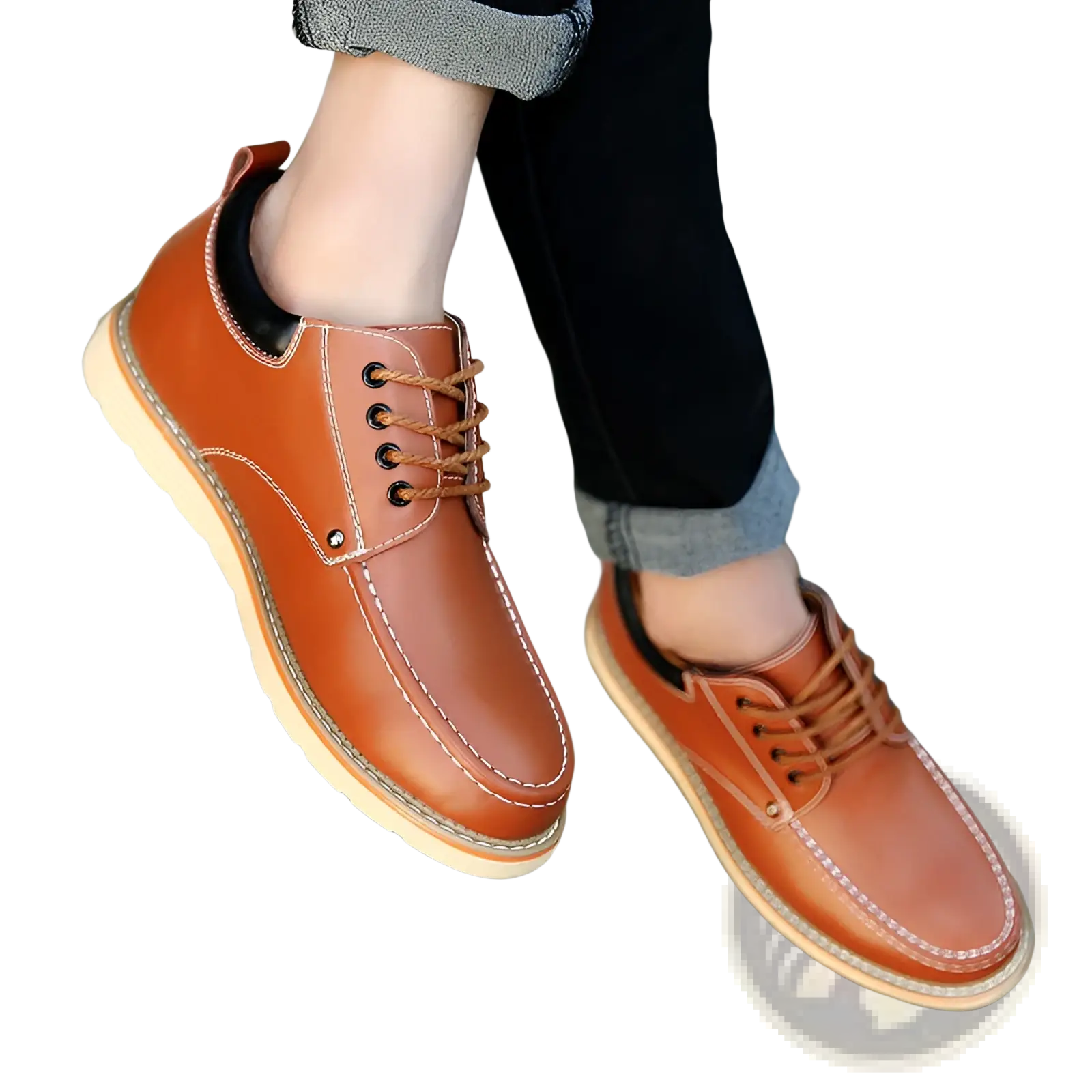 Men’s brown leather height increasing lace-up shoes with tan laces and white stitching 6cm insole