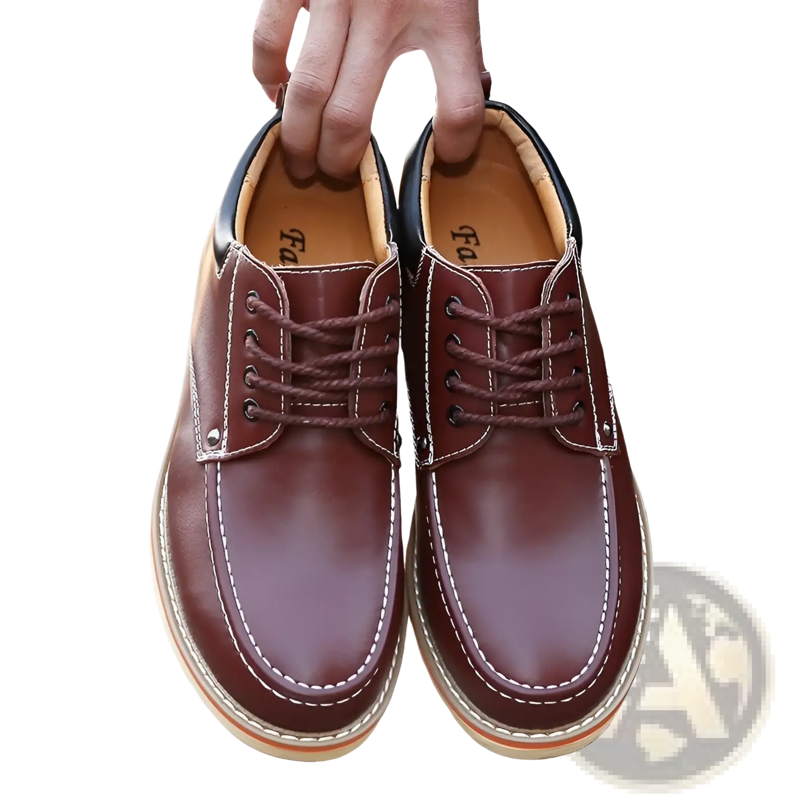 Men’s brown leather lace-up height increasing shoes with white stitching and contrasting black heel collar 6cm insole