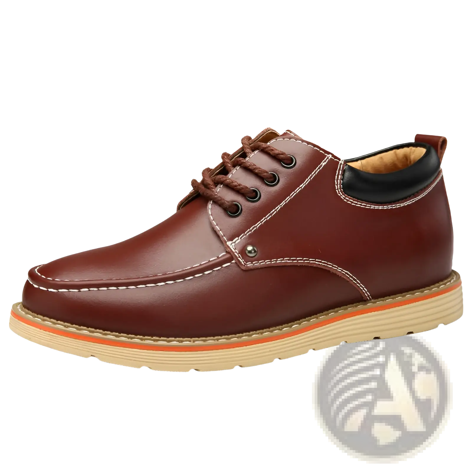 Men’s brown leather height increasing shoes with 6cm insole lace-up design, white stitching, black lining, and orange sole accents