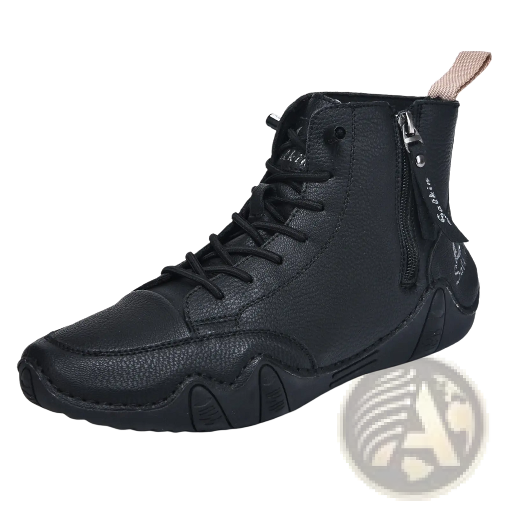 Men’s black leather high top boots with laces and a side zipper for easy wear and stylish durability