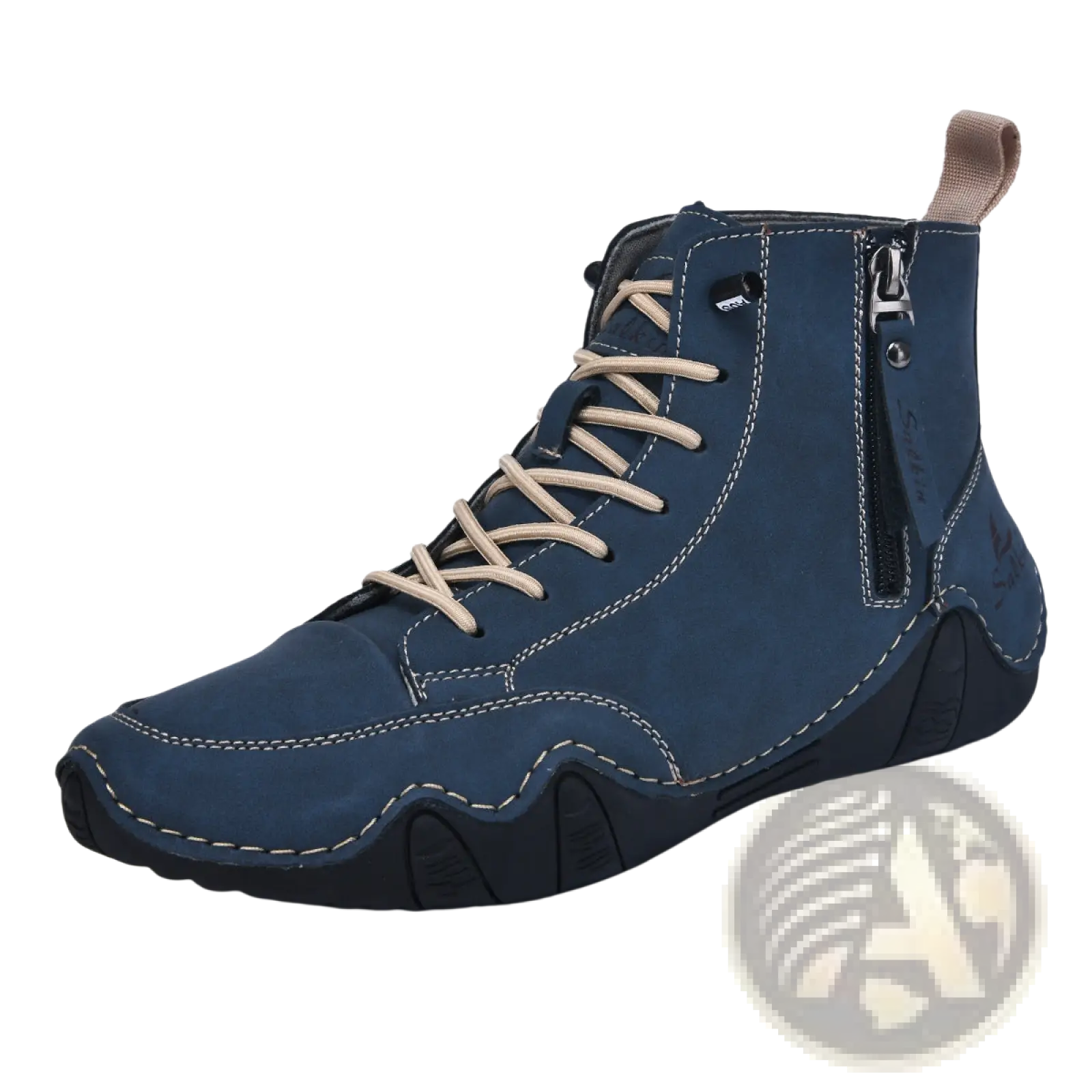 Men’s leather high top boots in dark blue suede with beige laces and black rubber sole featuring side zipper