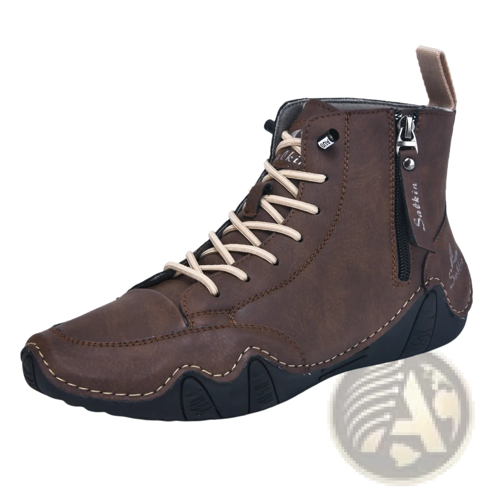 Brown leather men’s high top ankle boot with cream laces black rubber sole and side zipper visible from the back side