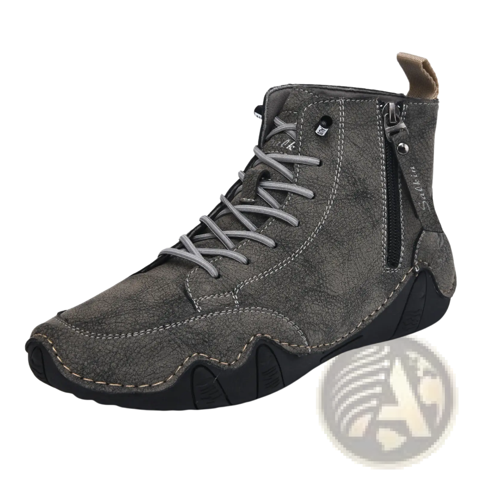 Men’s leather high top boot in dark gray suede with silver laces black rubber sole and side zipper