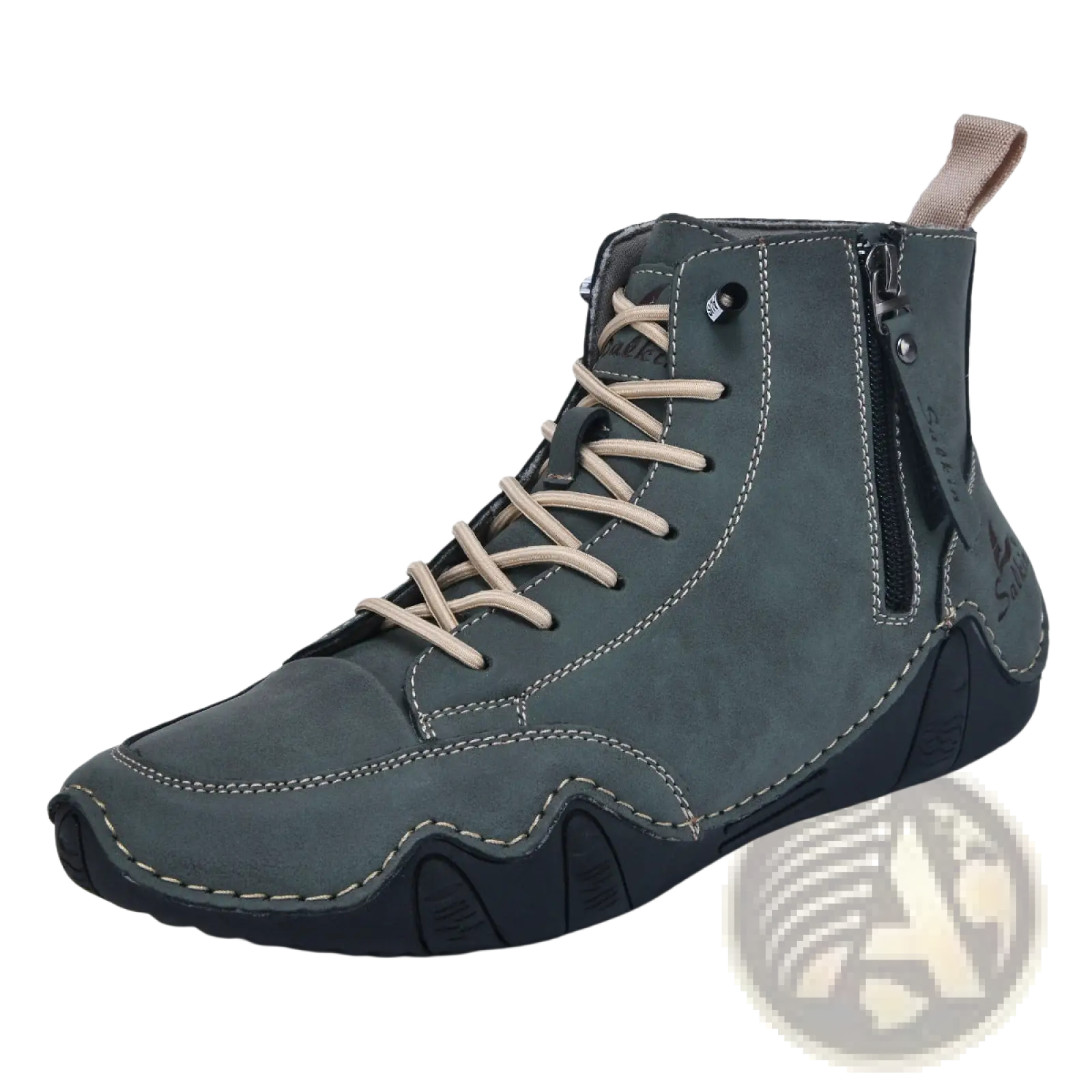Men’s dark gray suede high top boots with beige laces black rubber sole and side zipper for easy wear