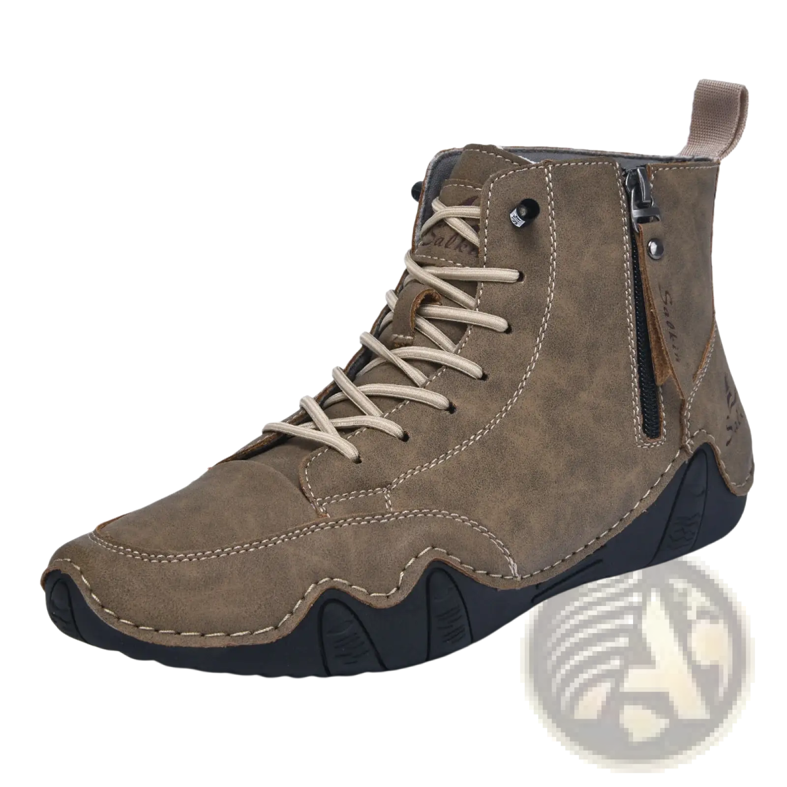 Men’s leather high top boots in brown suede with beige laces and black rubber sole featuring a side zipper