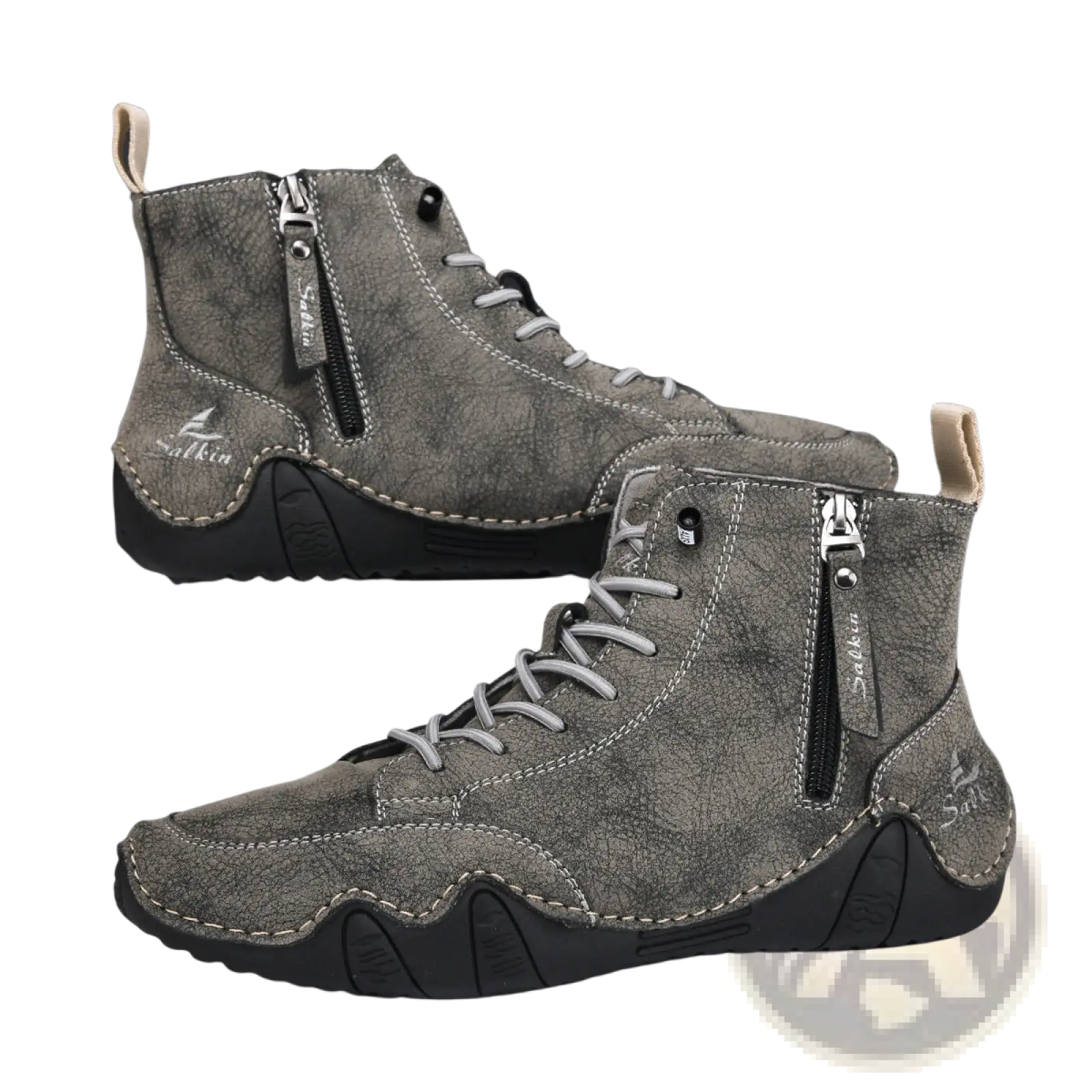 Men’s gray suede high top boots with black rubber soles silver laces and side zipper for easy wear