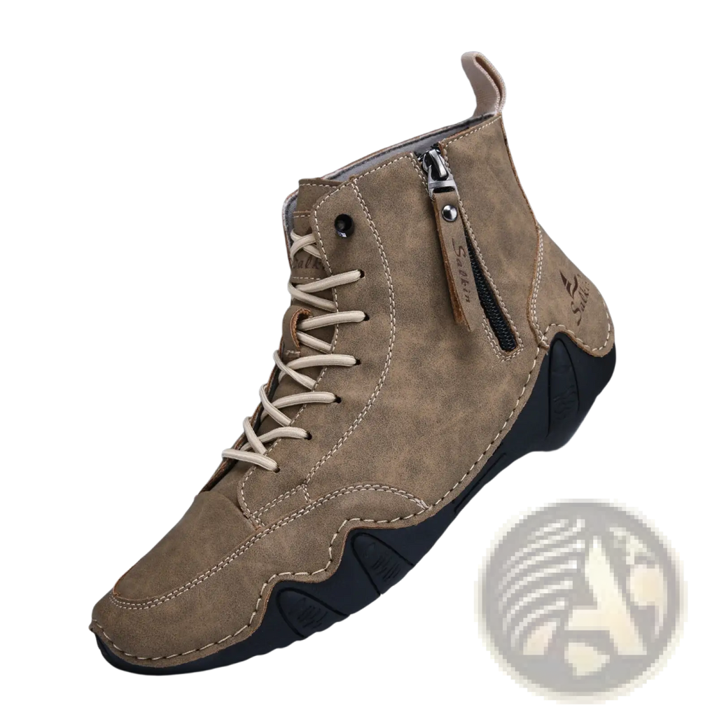 Men’s leather high top boots in tan suede with beige laces and black rubber sole featuring side zipper closure