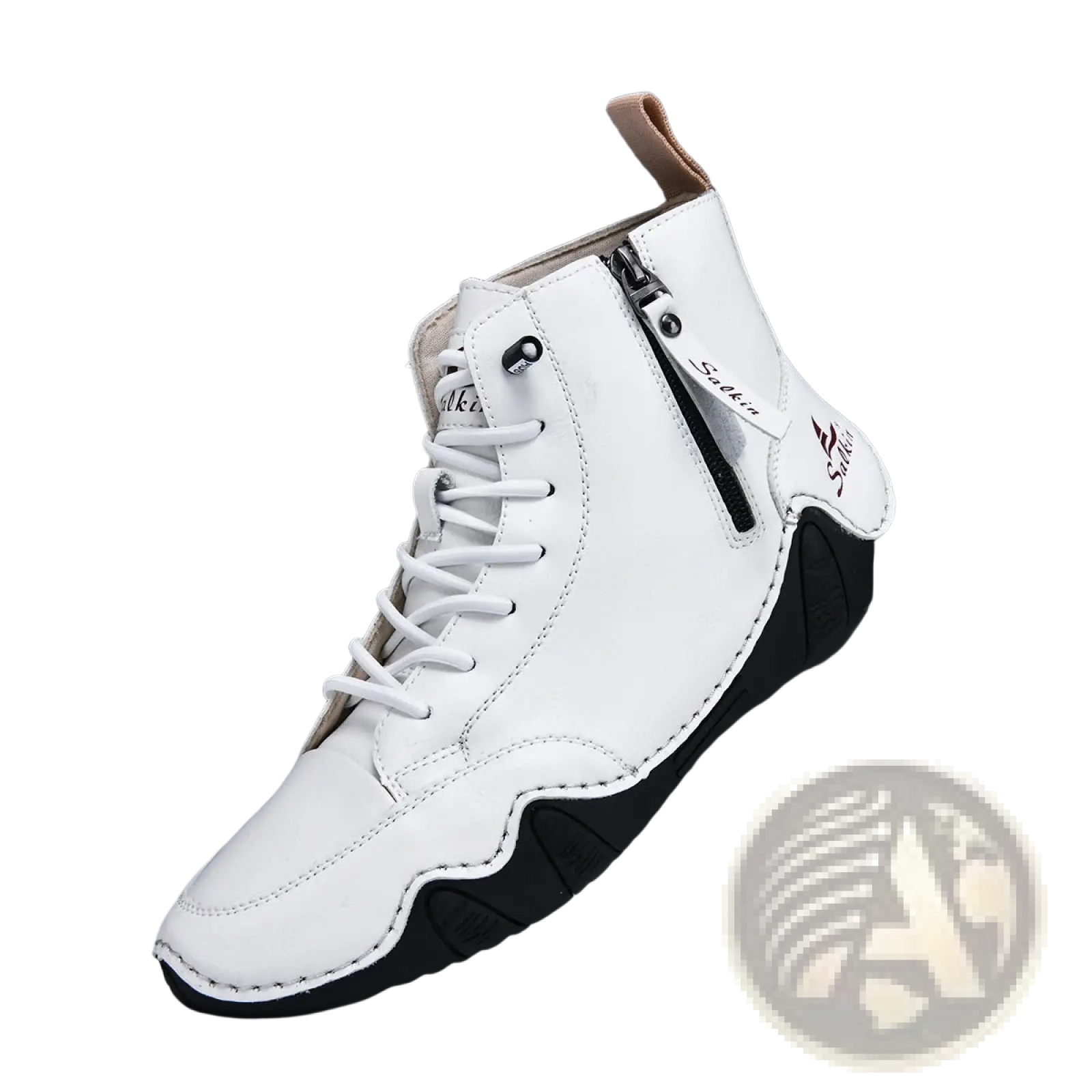 Men’s white leather high top boots with black rubber sole and side zipper for easy wear