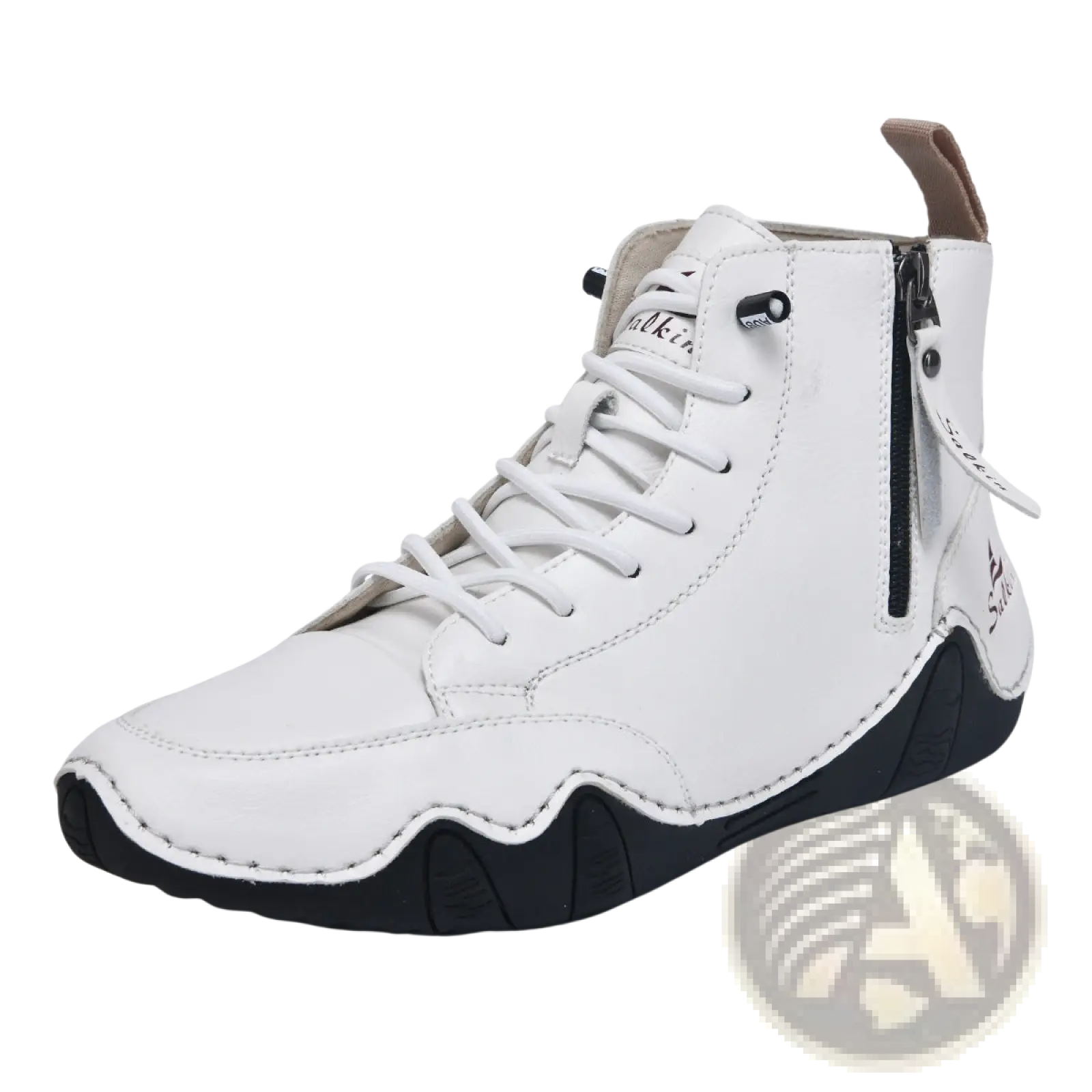 Men’s white leather high top boots with black rubber sole and side zipper for easy wear and style