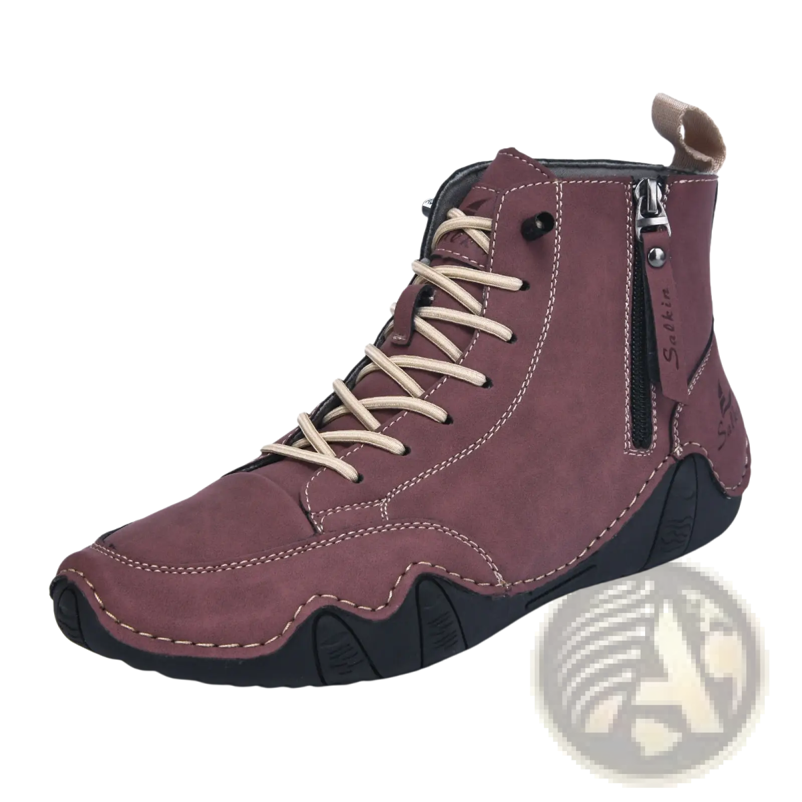 Men’s leather high top boots with side zipper in maroon suede with beige laces and black rubber sole