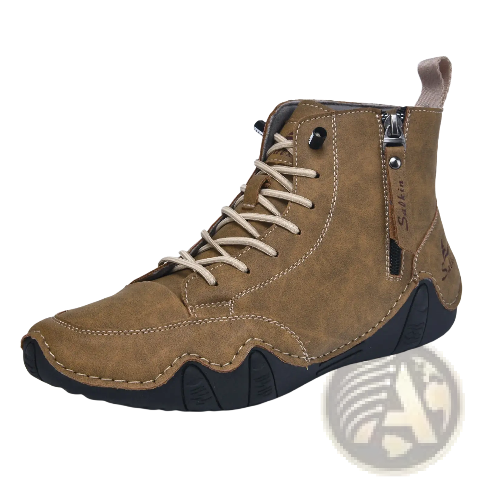 Men’s brown suede high top leather boots with beige laces black rubber sole and side zipper for easy wear