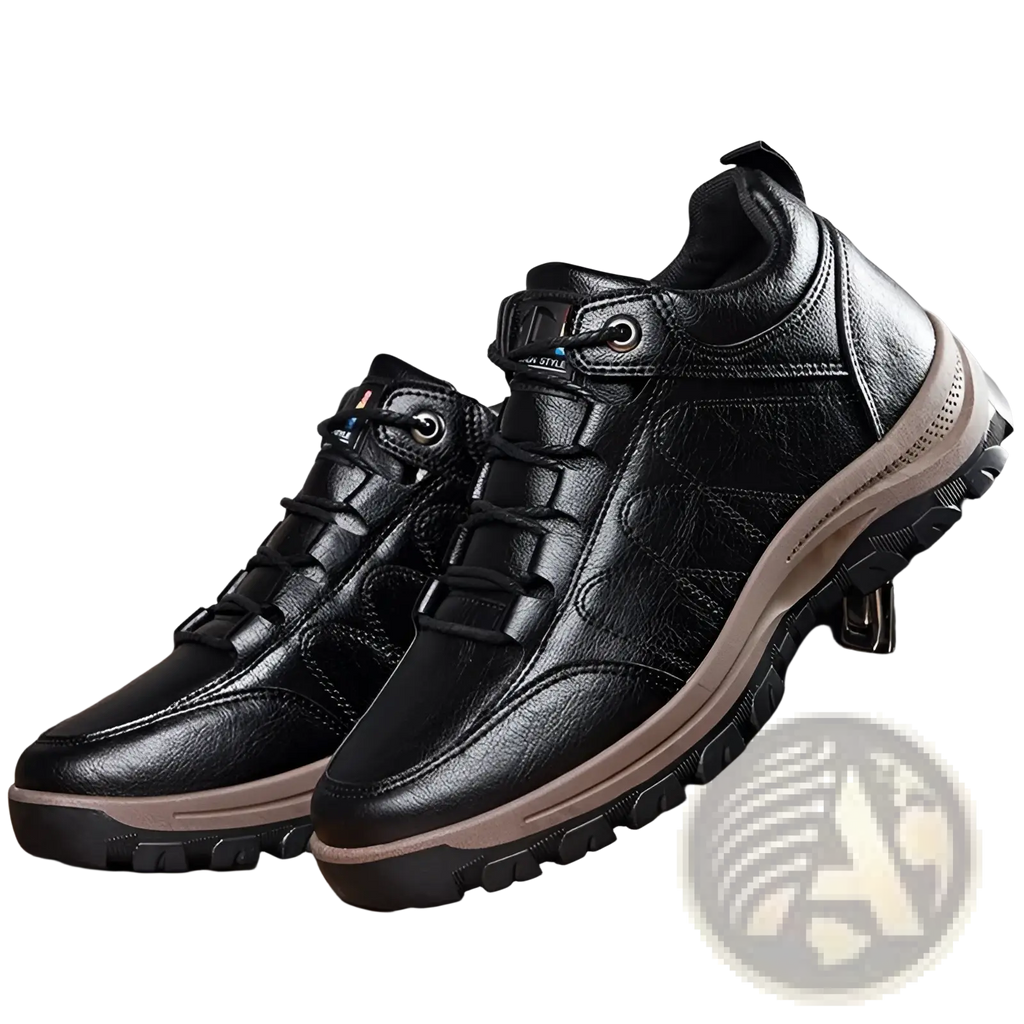 Men’s leather hiking boots in black with tan midsole and rugged tread for outdoor use
