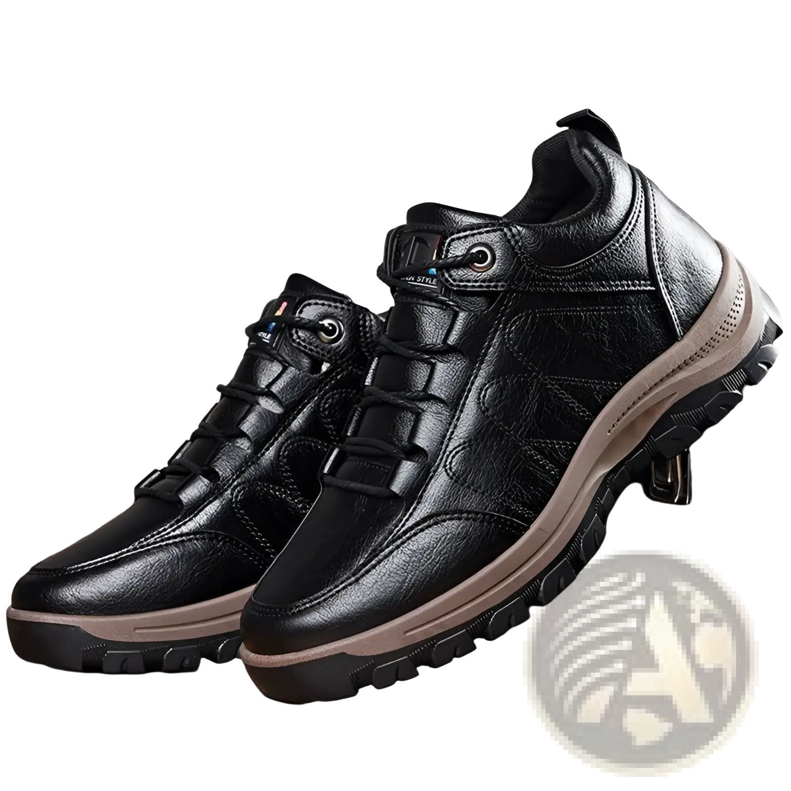 Men’s leather hiking boots in black with tan midsole and rugged tread for outdoor use