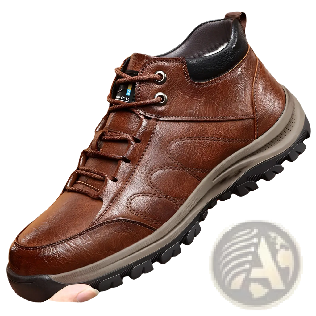 Men’s leather hiking boot in brown with rugged sole and black accents for outdoor use