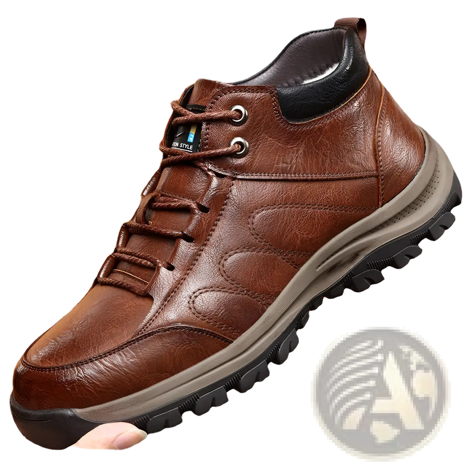 Men’s leather hiking boot in brown with rugged sole and black accents for outdoor use