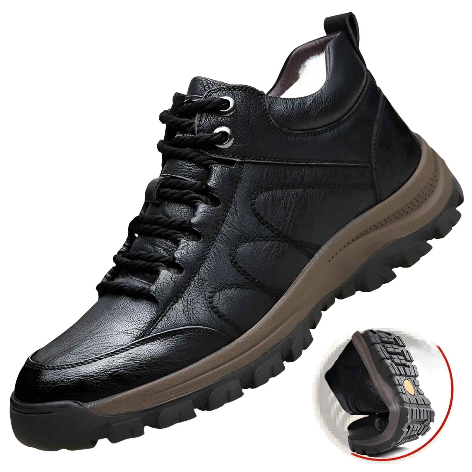 Men’s leather hiking boots in black with fleece lining and brown rubber sole for rugged outdoor winter use