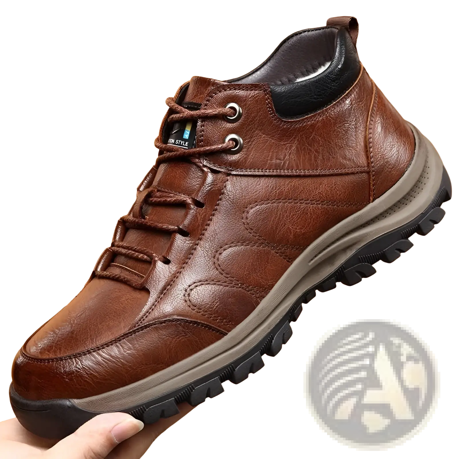 Men’s leather hiking boots in brown with fleece lining and rugged rubber sole for outdoor winter use