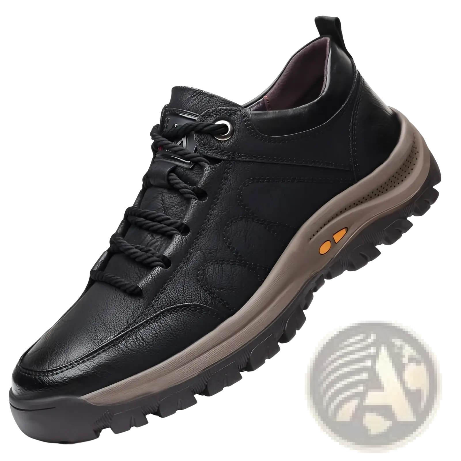 Men’s leather hiking shoe in black with rugged sole and orange accents designed for vintage casual footwear