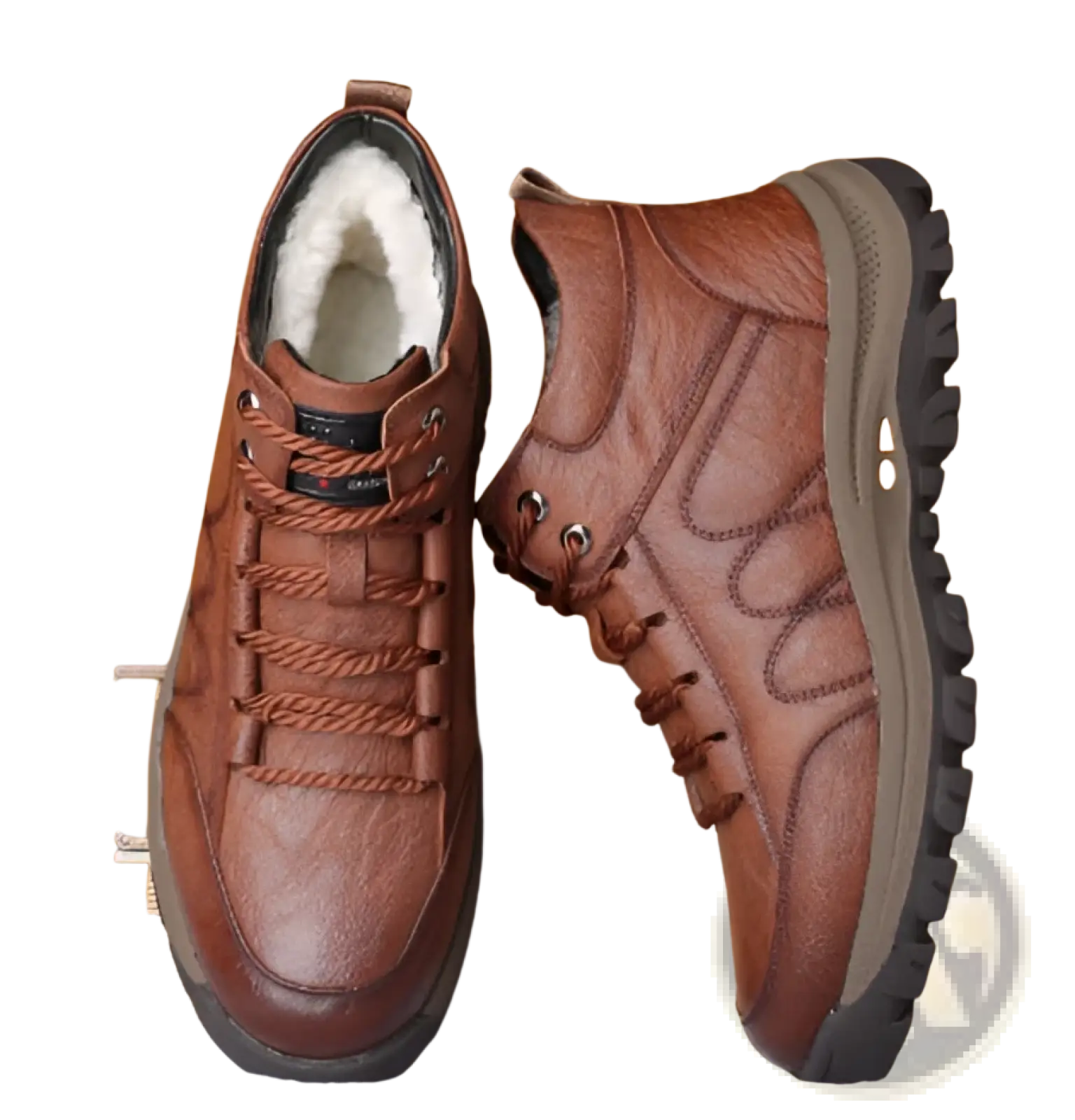 Men’s brown leather hiking shoes with thick laces and plush white lining for vintage casual winter use