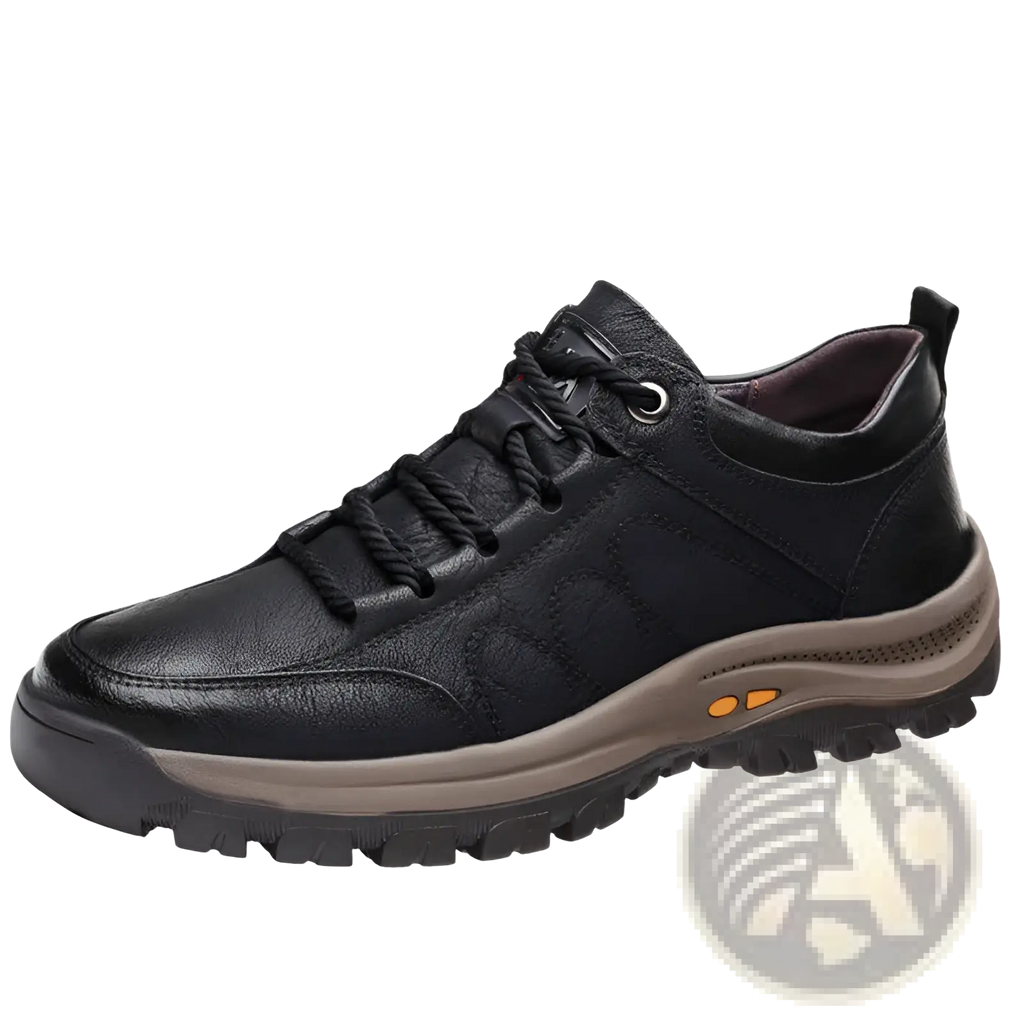 Men’s black leather hiking shoe with lace-up design, rugged sole, and orange accents for vintage casual footwear