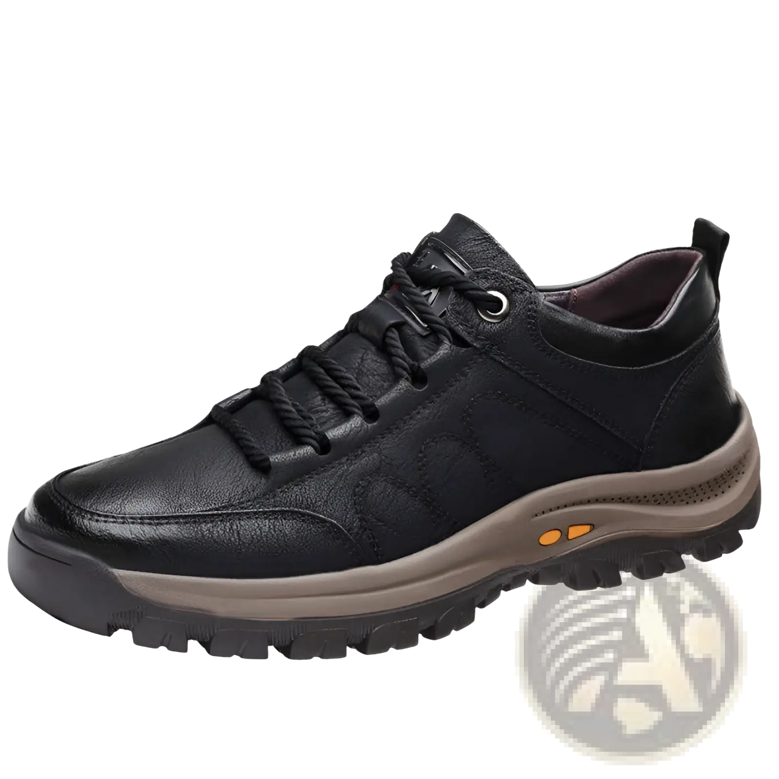Men’s black leather hiking shoe with lace-up design, rugged sole, and orange accents for vintage casual footwear