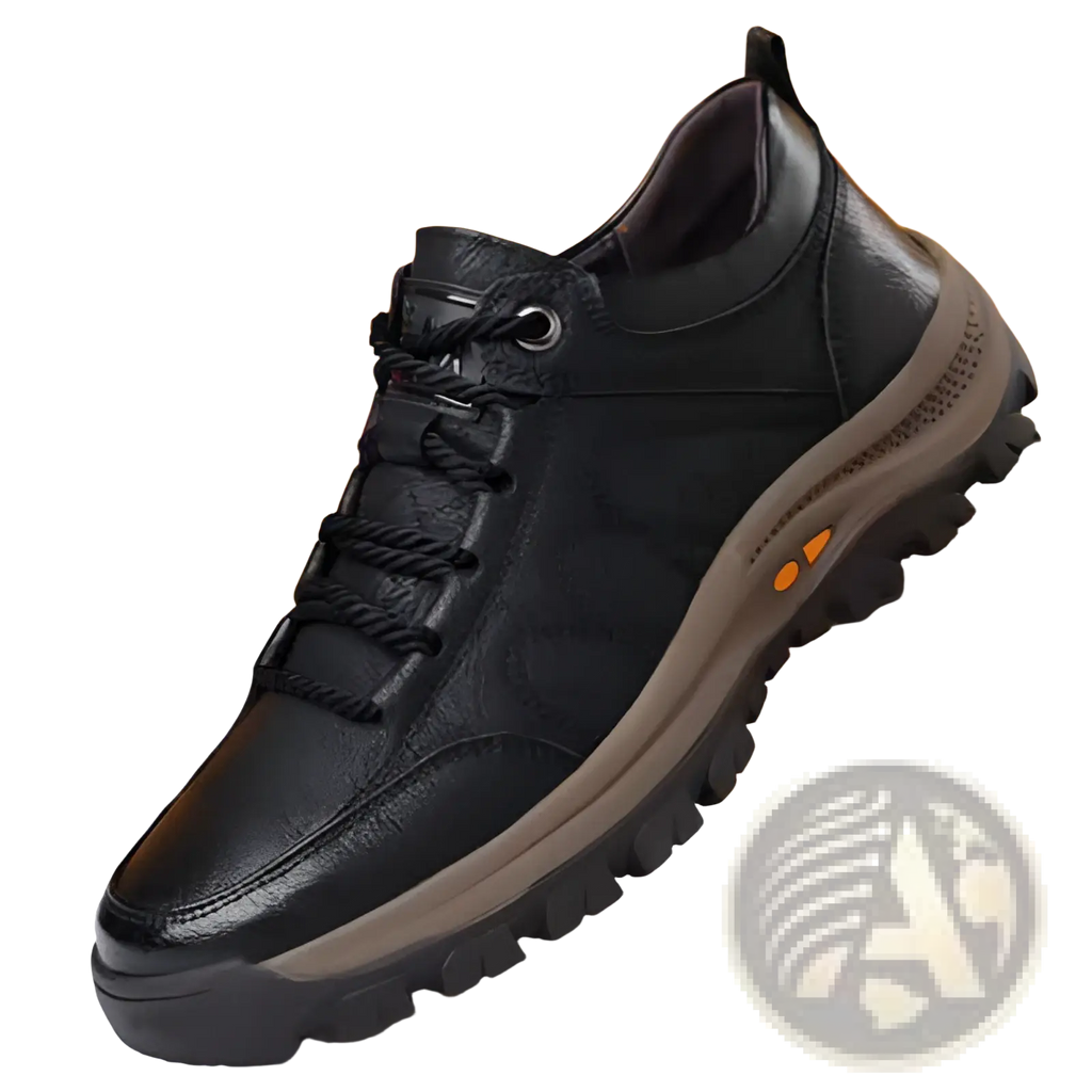 Men’s leather hiking shoes with black leather upper, rugged tan rubber sole, and orange accent details for casual wear
