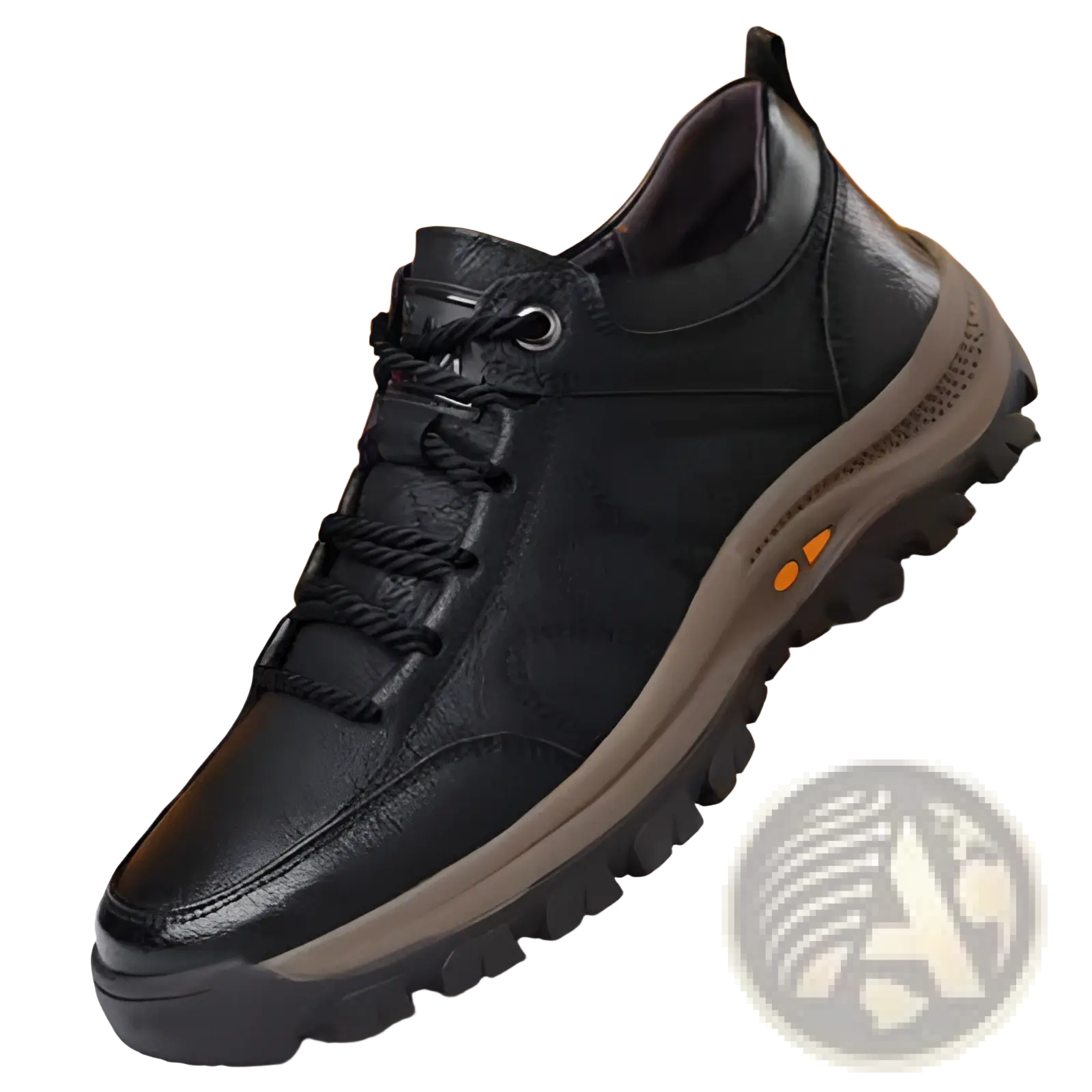 Men’s leather hiking shoes with black leather upper, rugged tan rubber sole, and orange accent details for casual wear