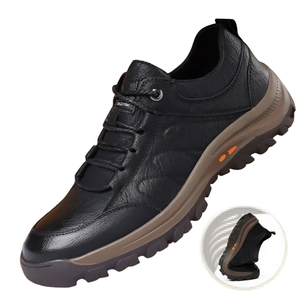 Men’s leather hiking shoe in black with rugged sole and orange accents vintage casual footwear design