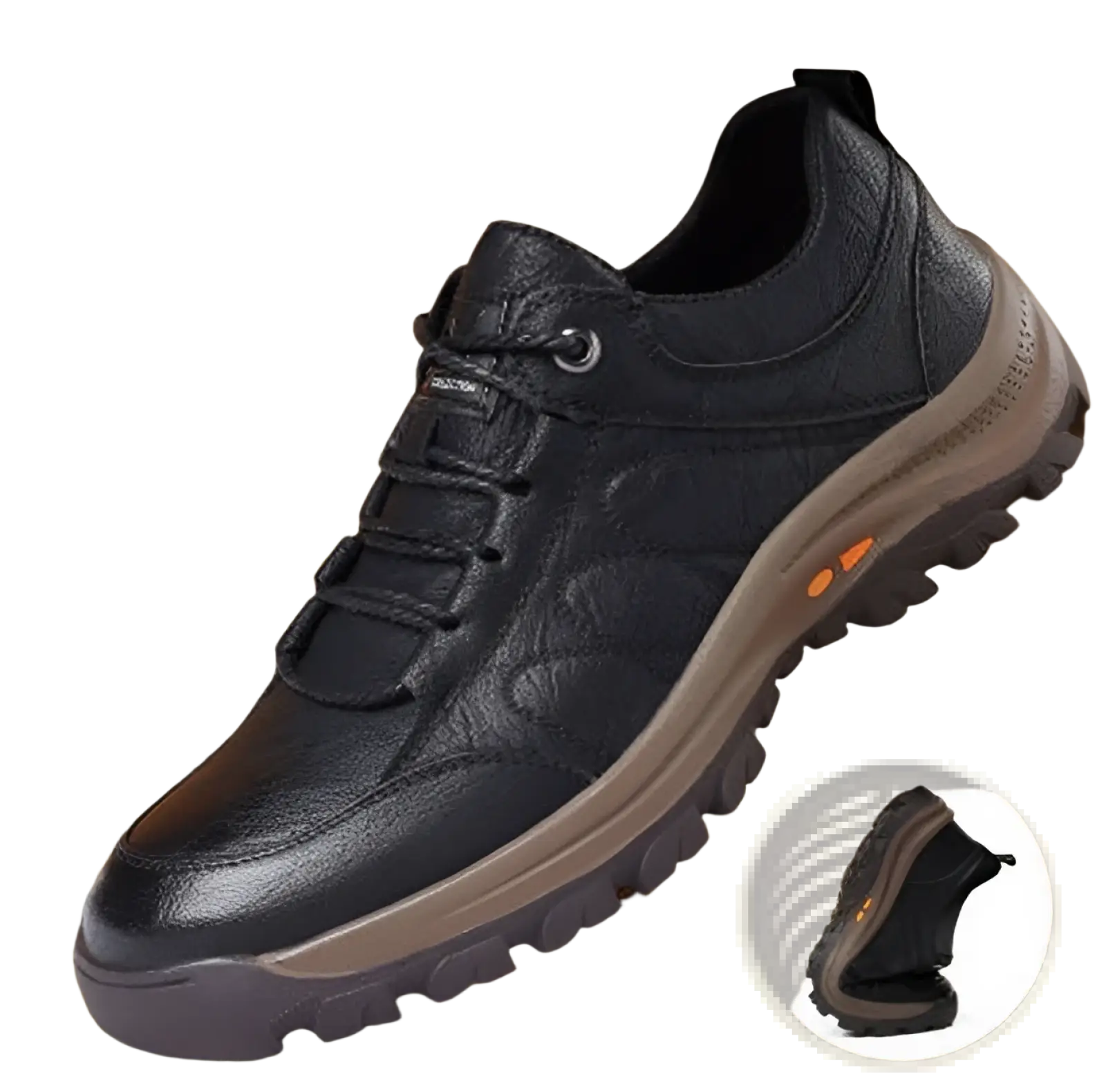 Men’s leather hiking shoe in black with rugged sole and orange accents vintage casual footwear design
