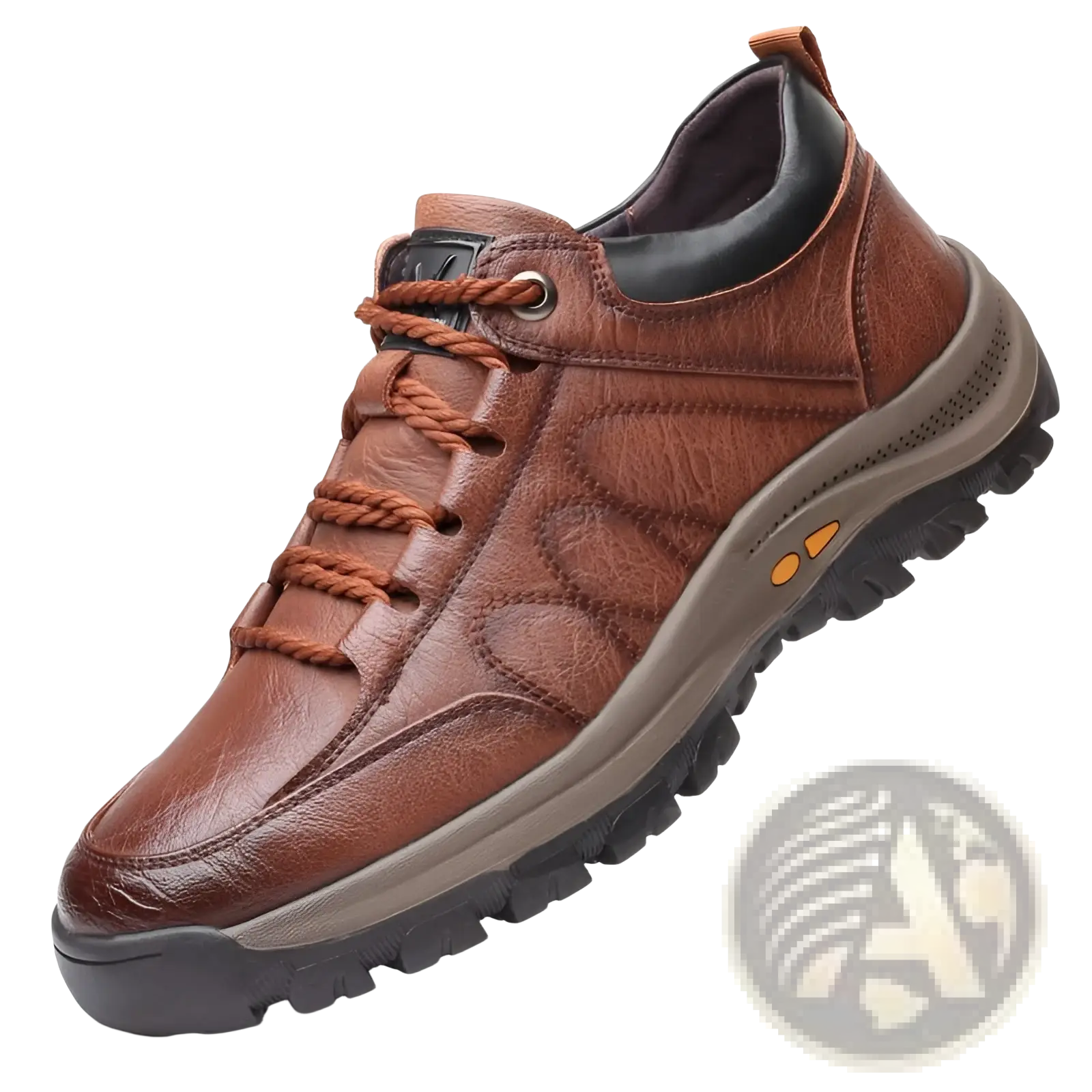 Men’s leather hiking shoe in brown with tan laces and rugged textured sole for vintage casual footwear use