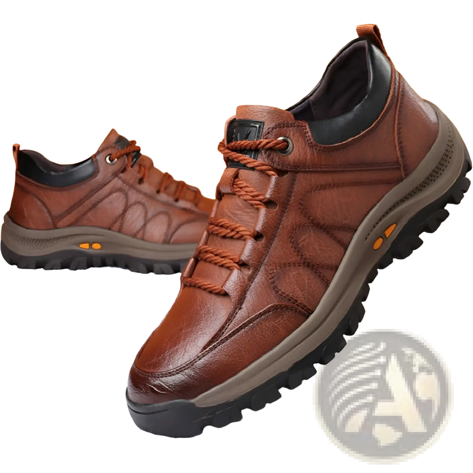 Men’s leather hiking shoe in brown with orange laces and a rugged rubber sole for vintage casual footwear